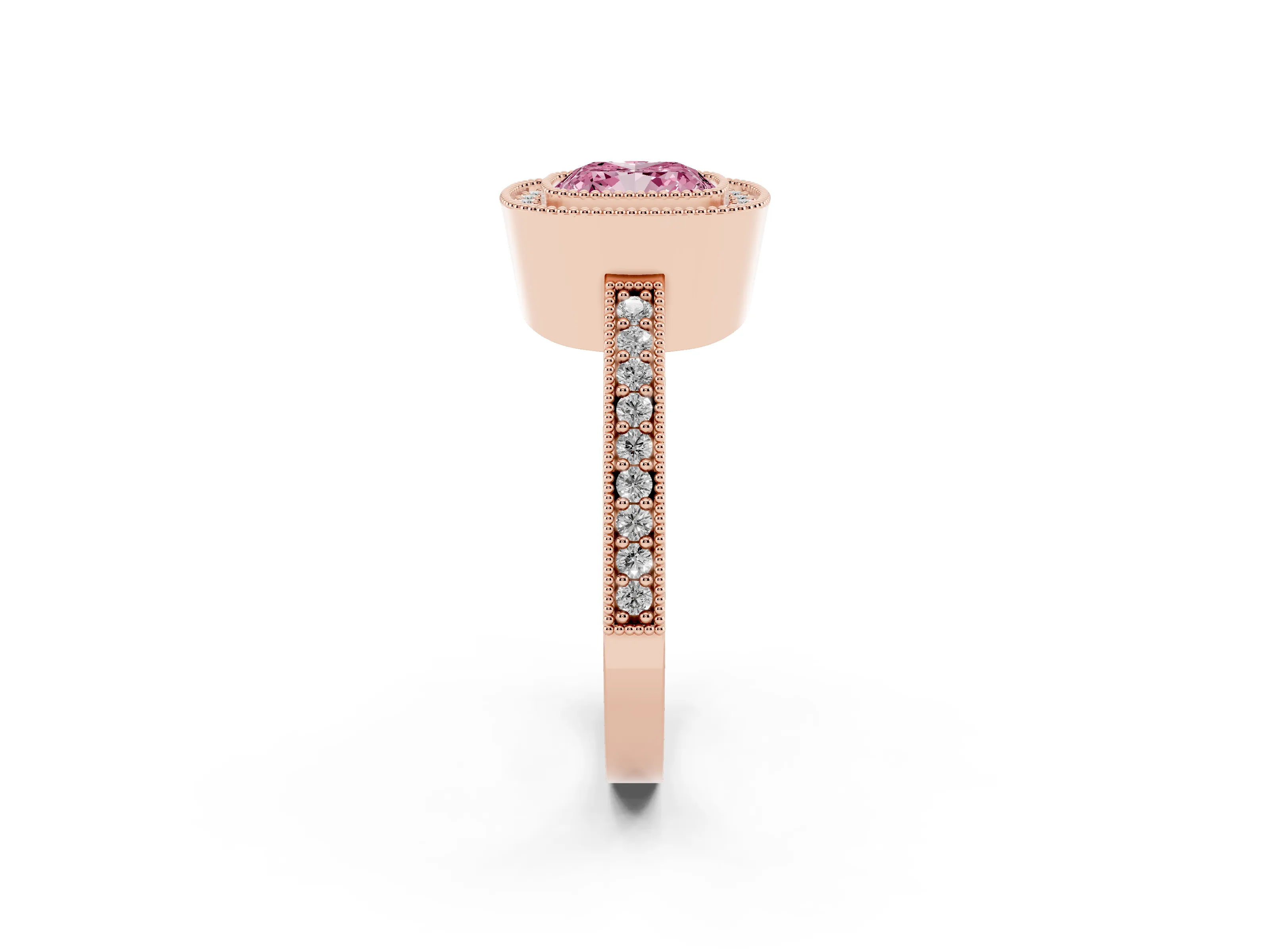 Fancy Pink Cushion Cut Diamond Halo Engagement Ring Set in Rose gold with Pavé Band and Round Halo Stones