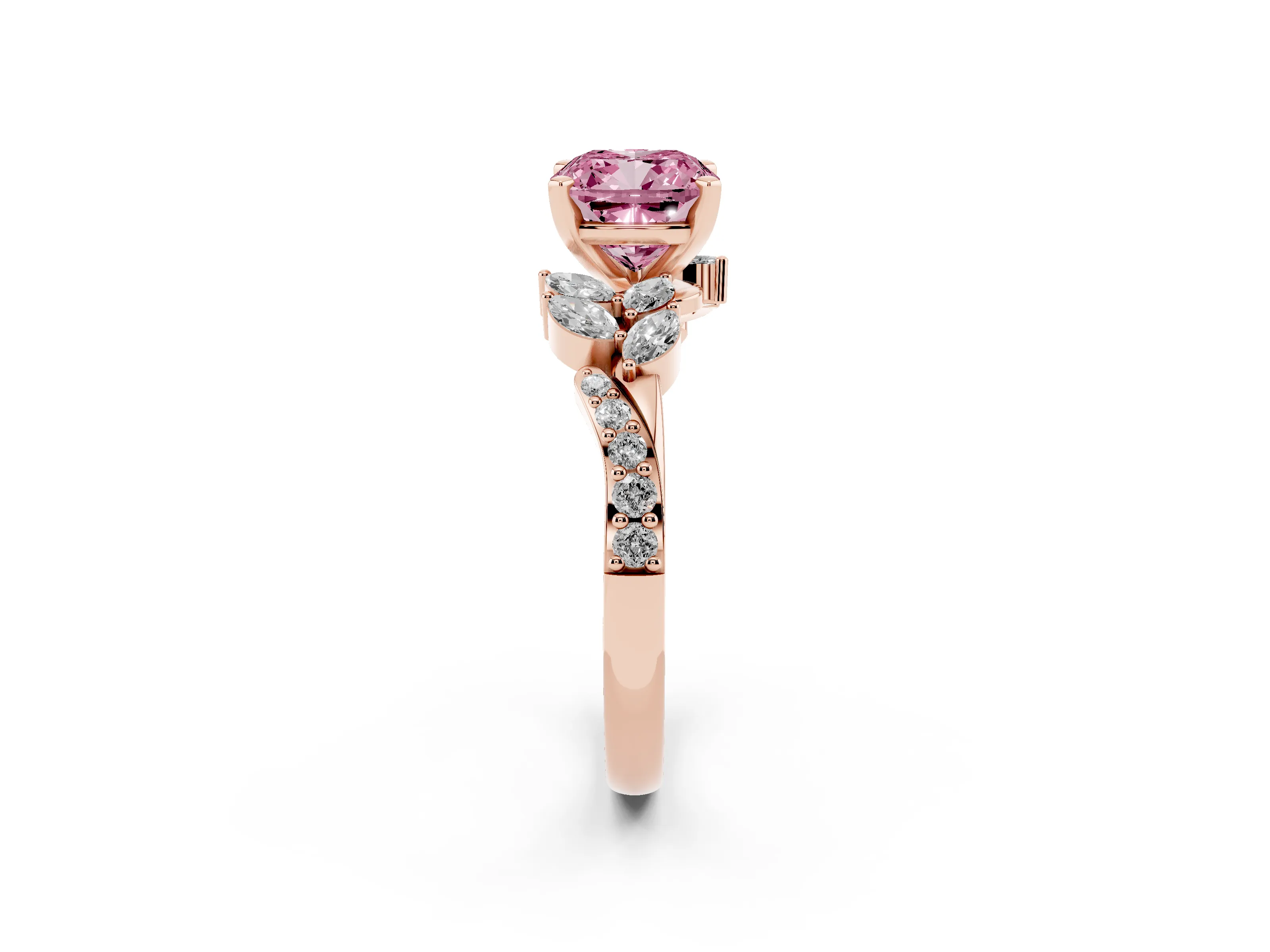 Fancy Pink Cushion Cut Diamond Solitaire Ring Set in Rose gold with Marquise Twist Band and Prong Setting