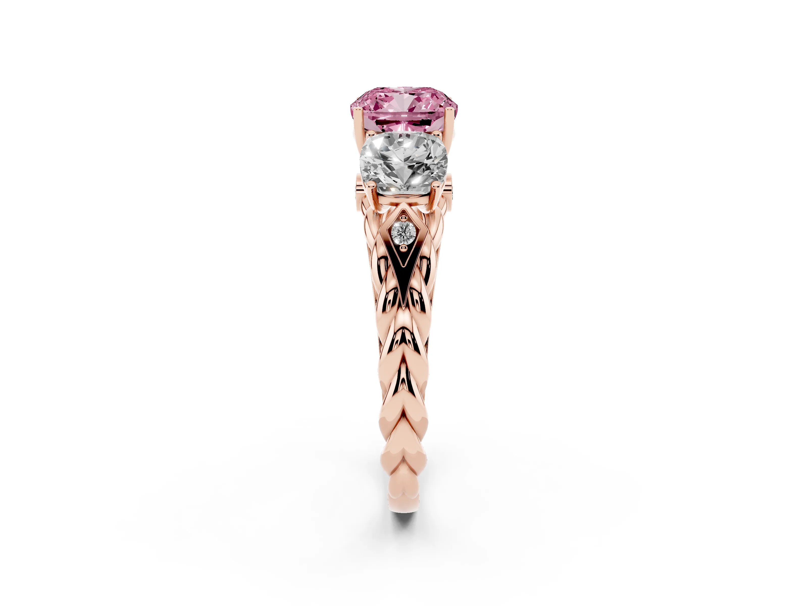 Fancy Pink Cushion Cut Diamond Three-Stone Ring Set in Rose gold with Braided Band