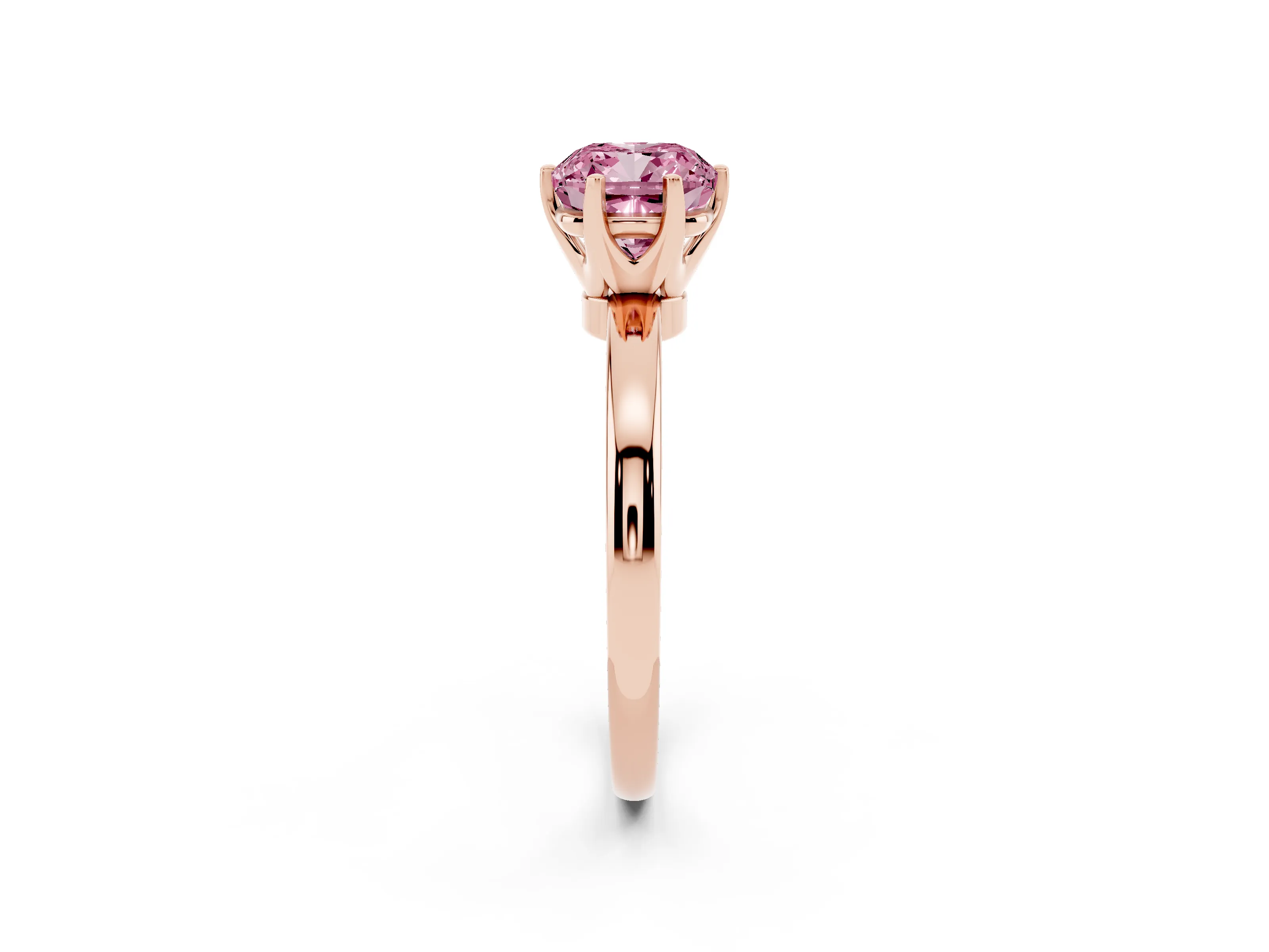 Fancy Pink Cushion Cut Diamond Solitaire Ring Set in Rose gold with Raised Prong Setting on a Classic Band