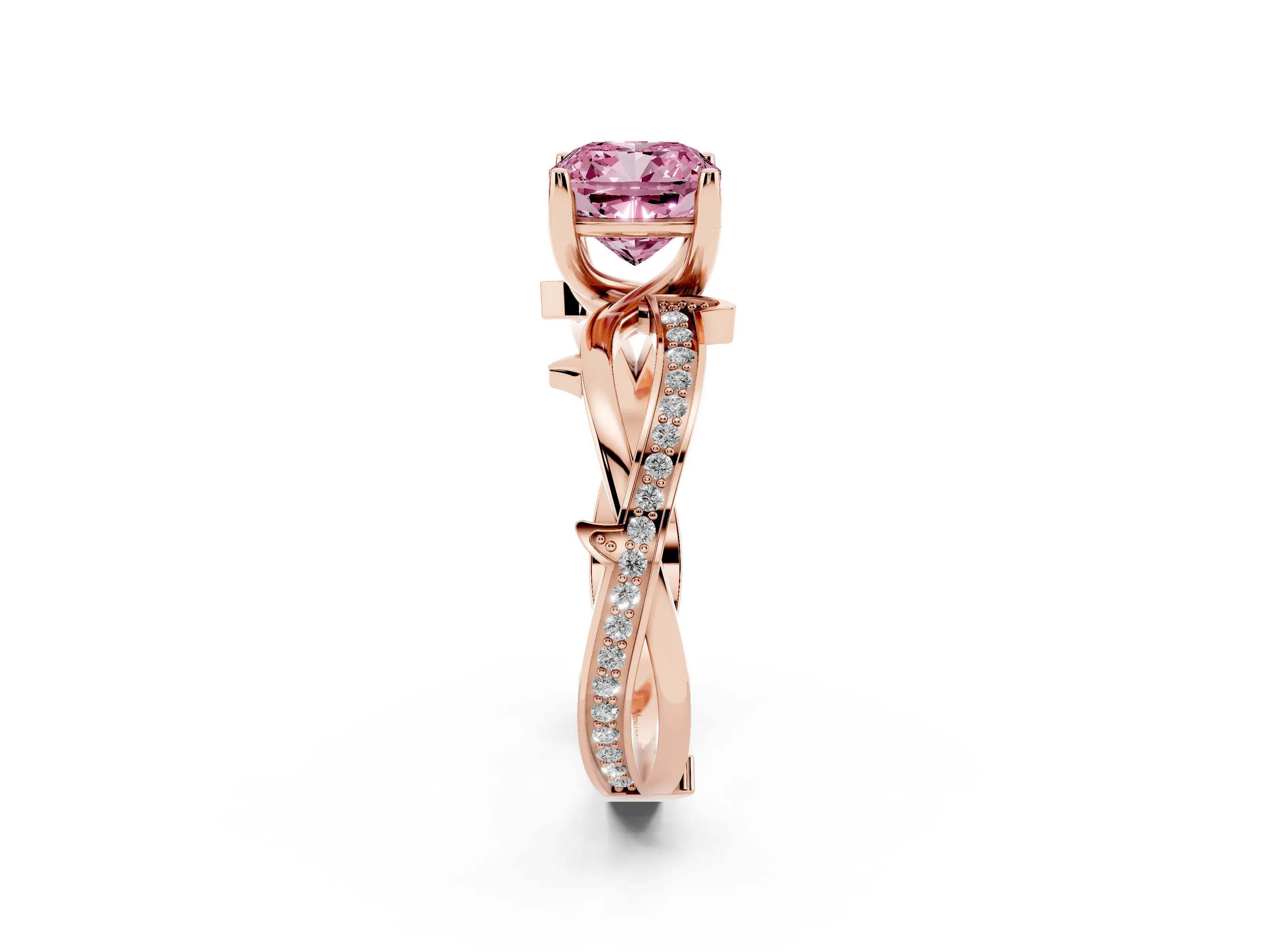 Fancy Pink Cushion Cut Diamond Pavé Twist Band Solitaire Ring Set in Rose gold with Prong Setting