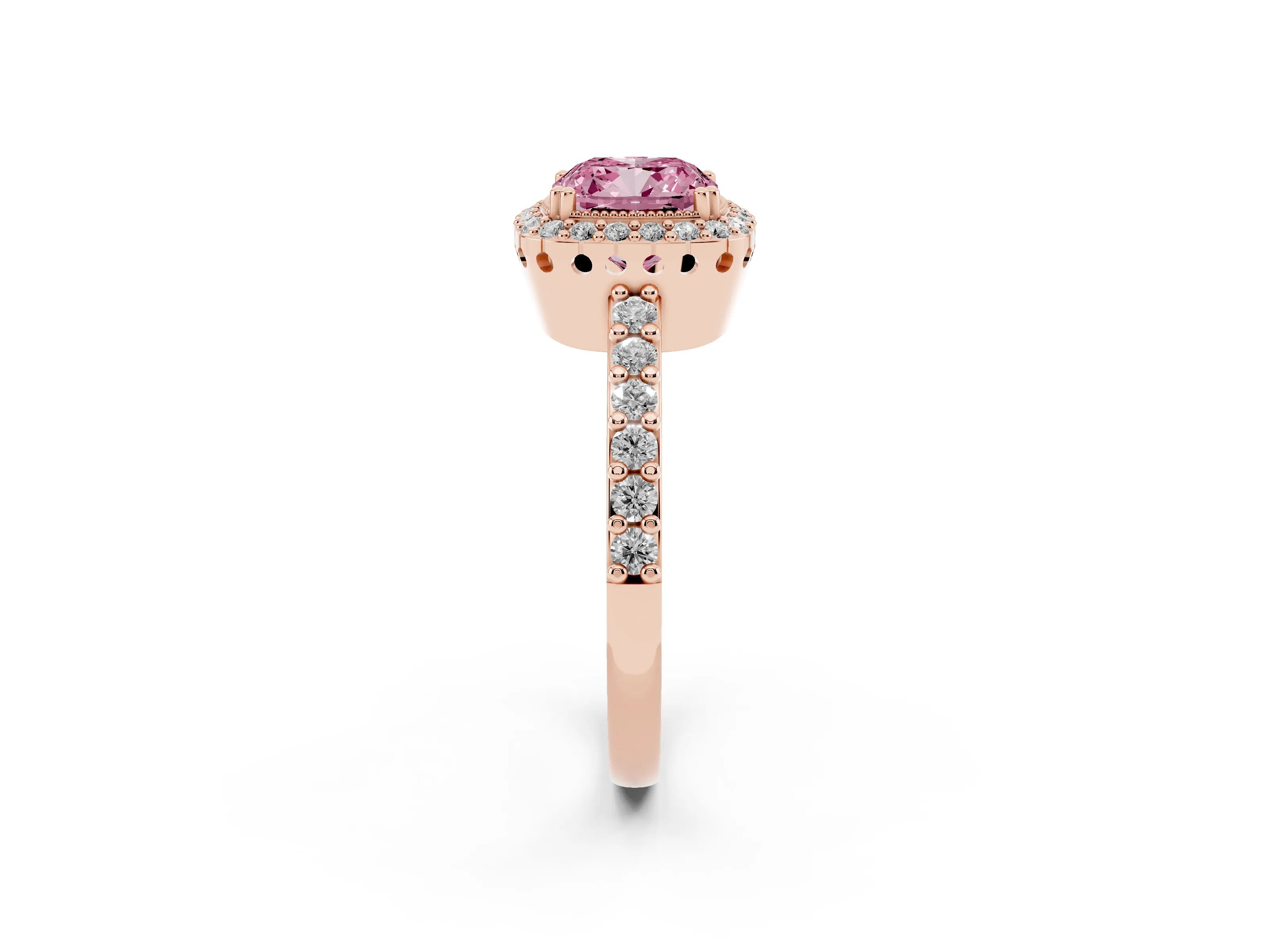 Fancy Pink Cushion Cut Diamond Halo Engagement Ring Set in Rose gold with Milgrain Detail and Pavé Band
