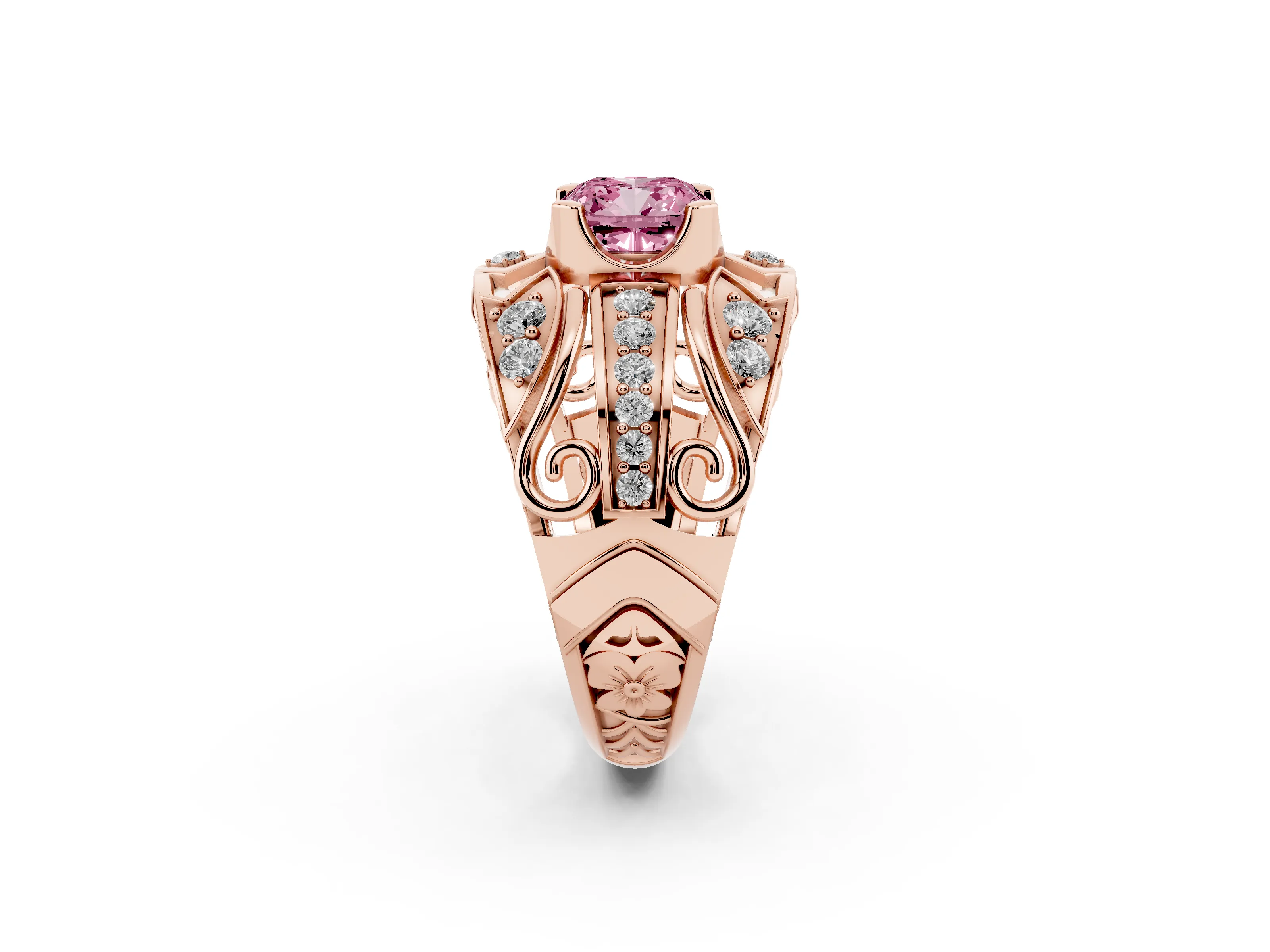 Fancy Pink Cushion Cut Diamond Art Deco Ring Set in Rose gold with Pavé Split Shank