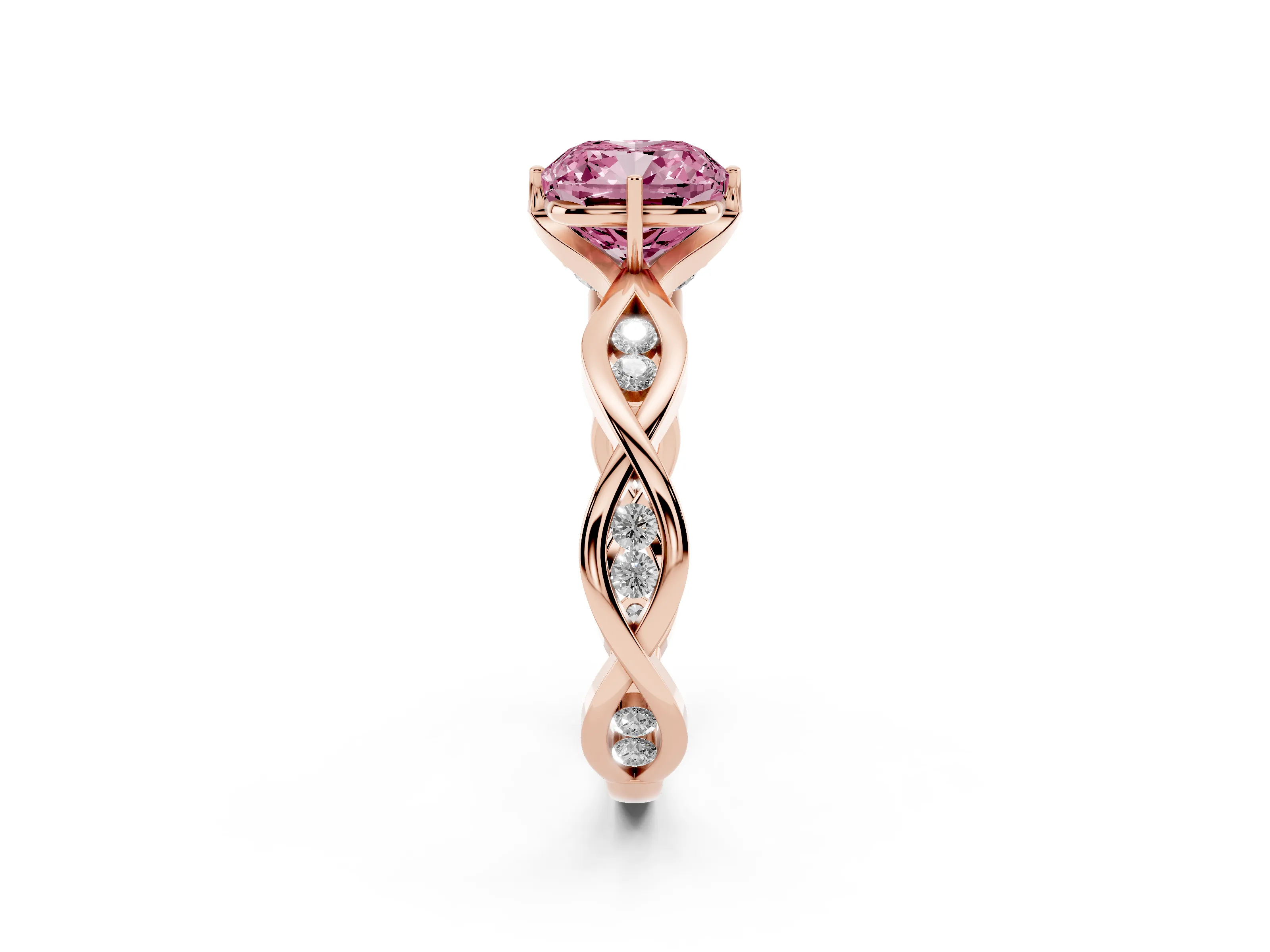 Fancy Pink Cushion Cut Diamond Twist Band Solitaire Ring Set in Rose gold with Leaf Prong Setting and Accent Stones