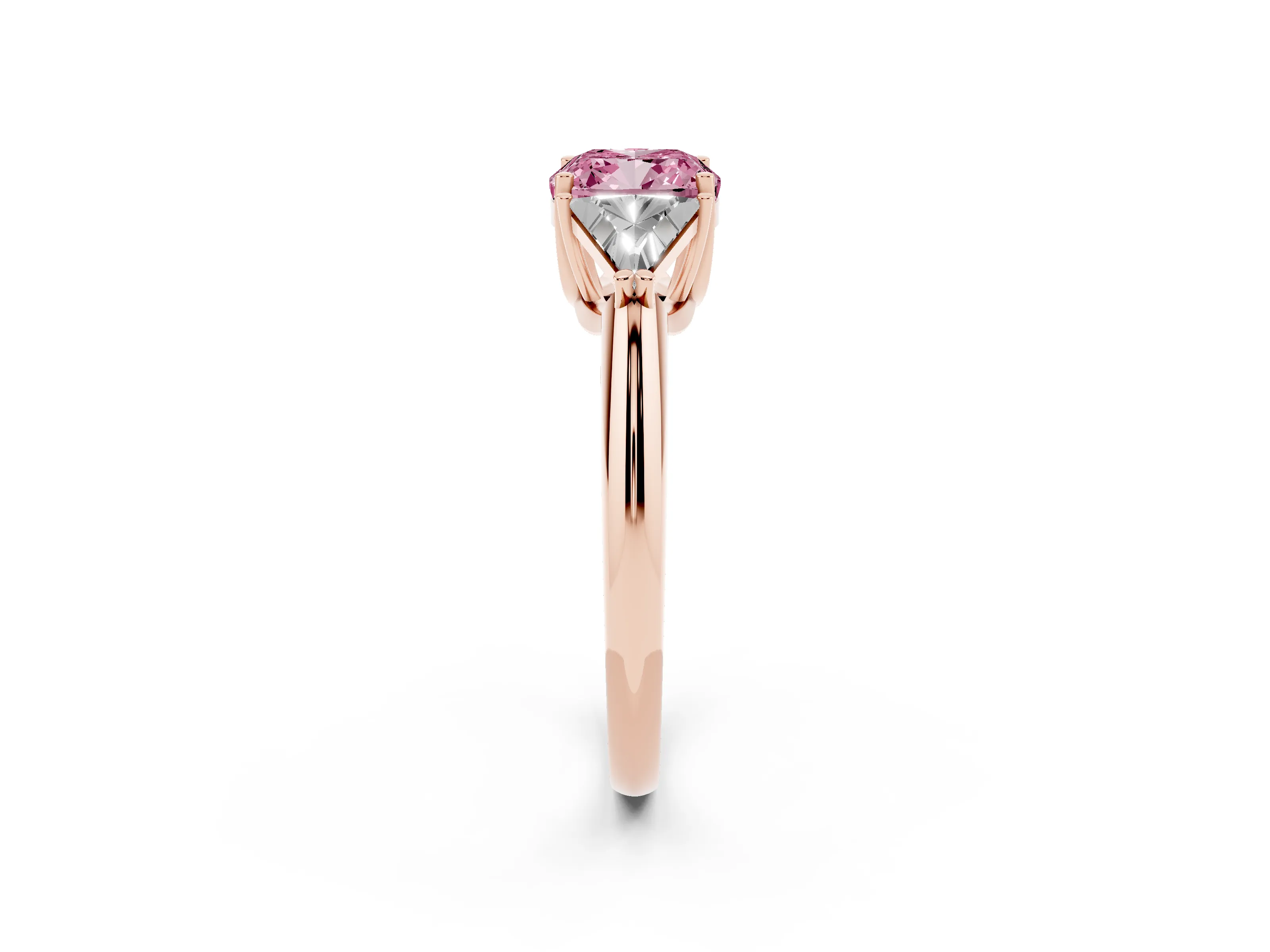 Fancy Pink Cushion Cut Diamond Three-Stone Engagement Ring Set in Rose gold with Trillion Side Stones
