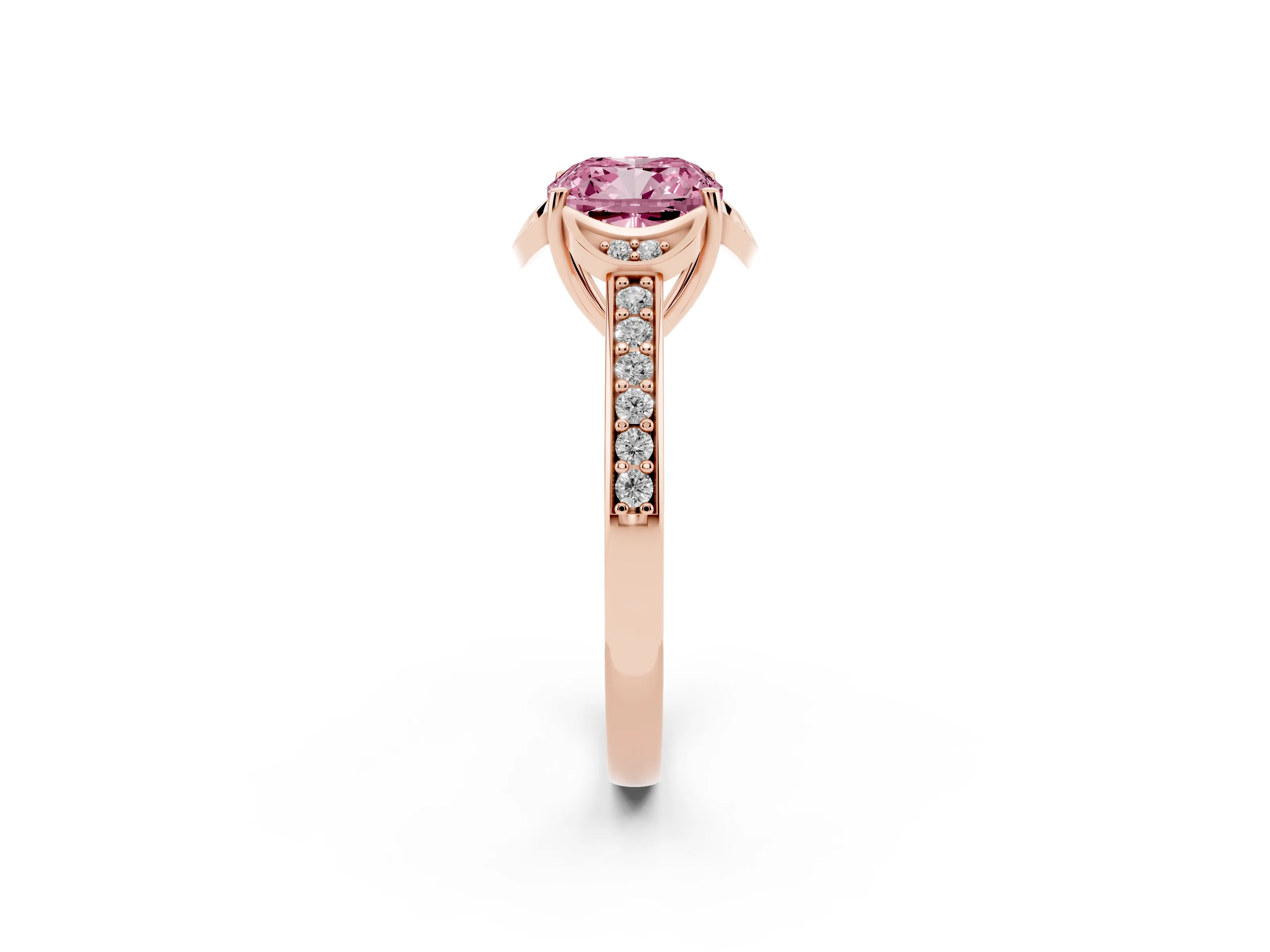 Fancy Pink Cushion Cut Diamond Halo Ring Set in Rose gold with Channel Set Band and Prong Setting