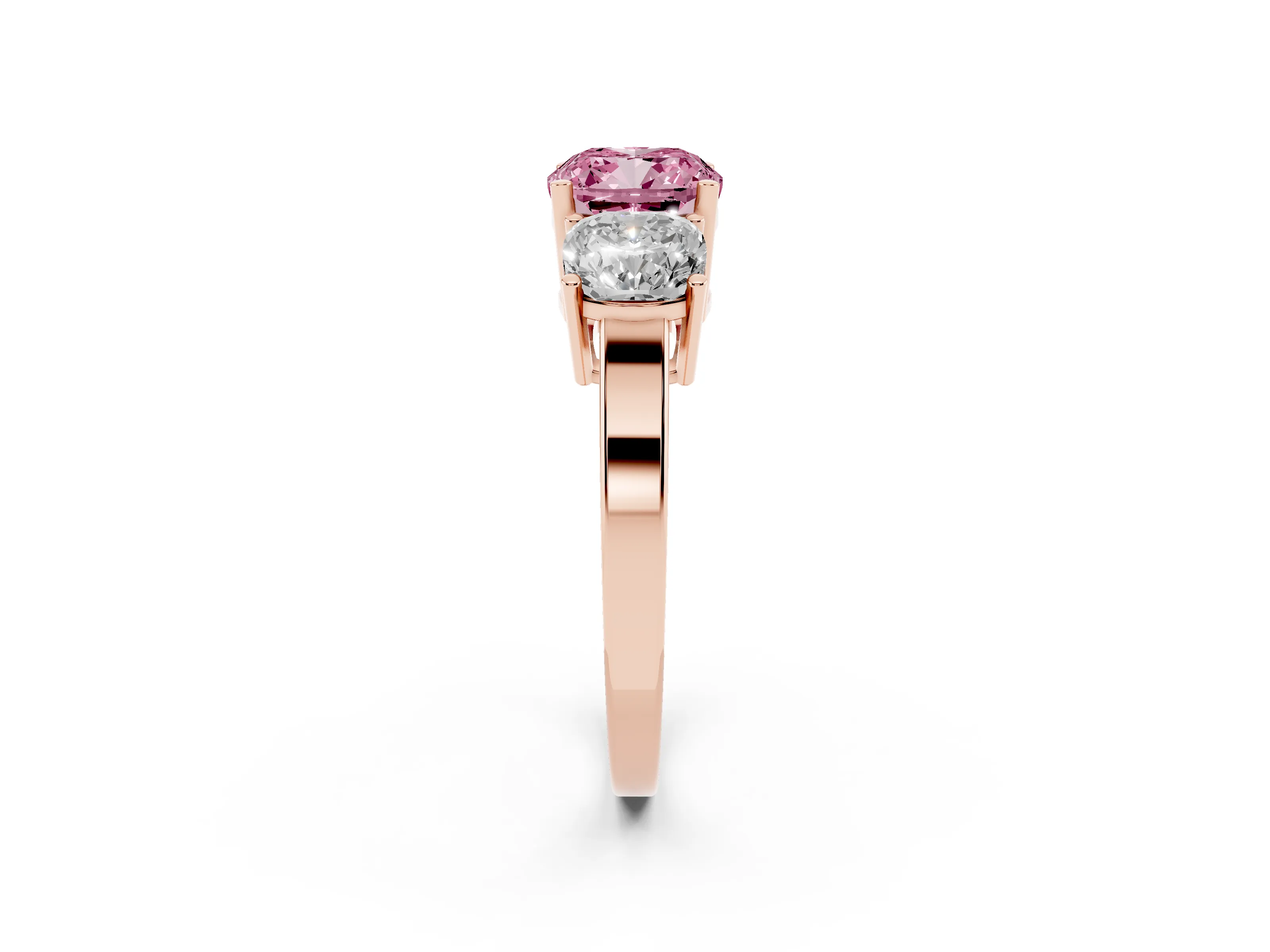 Fancy Pink Cushion Cut Diamond Three-Stone Engagement Ring Set in Rose gold with Flat Band