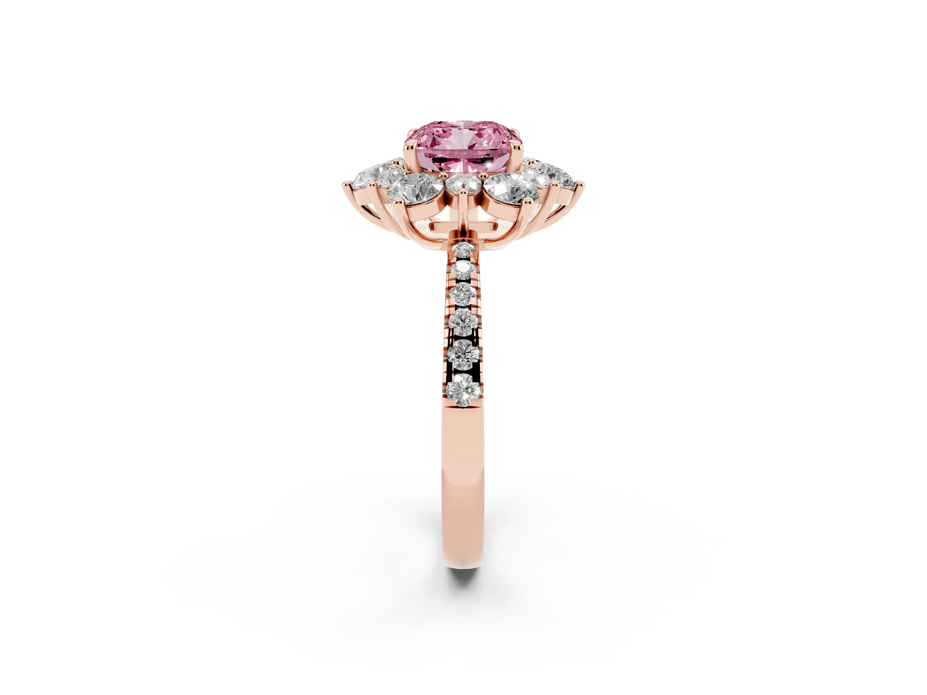 Fancy Pink Cushion Cut Diamond Floral Halo Ring Set in Rose gold with Round Pavé Band and Prong Setting
