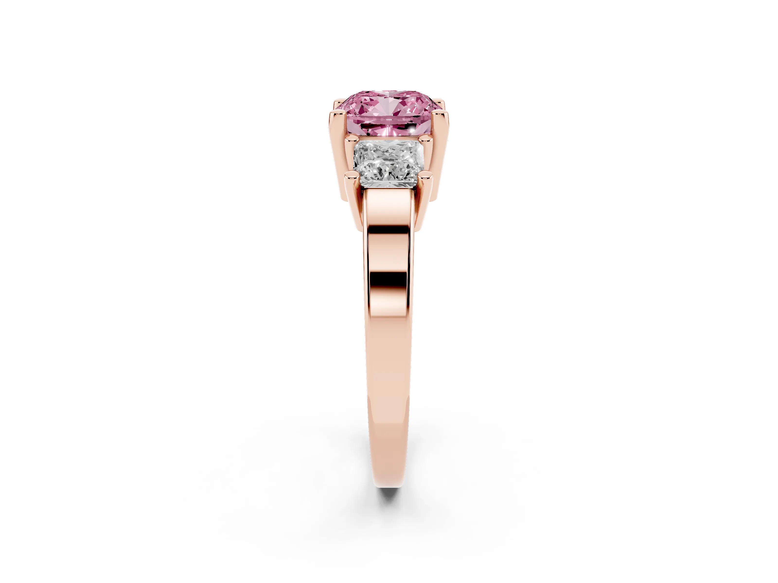 Fancy Pink Three-Stone Cushion Cut Diamond Solitaire Ring Set in Rose gold with Prong Setting