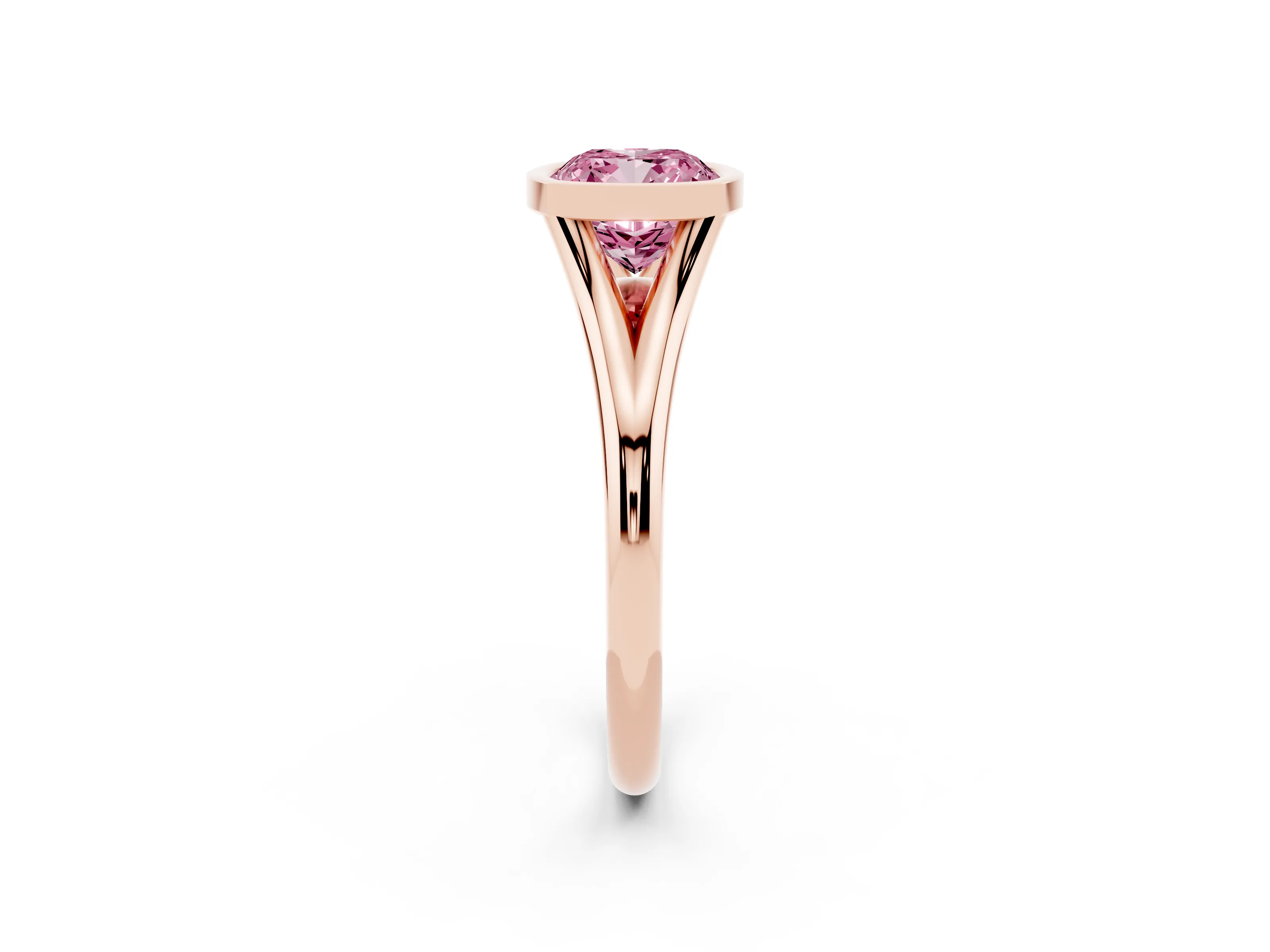 Fancy Pink Bezel Set Cushion Cut Diamond Solitaire Ring Set in Rose gold with Tapered Band