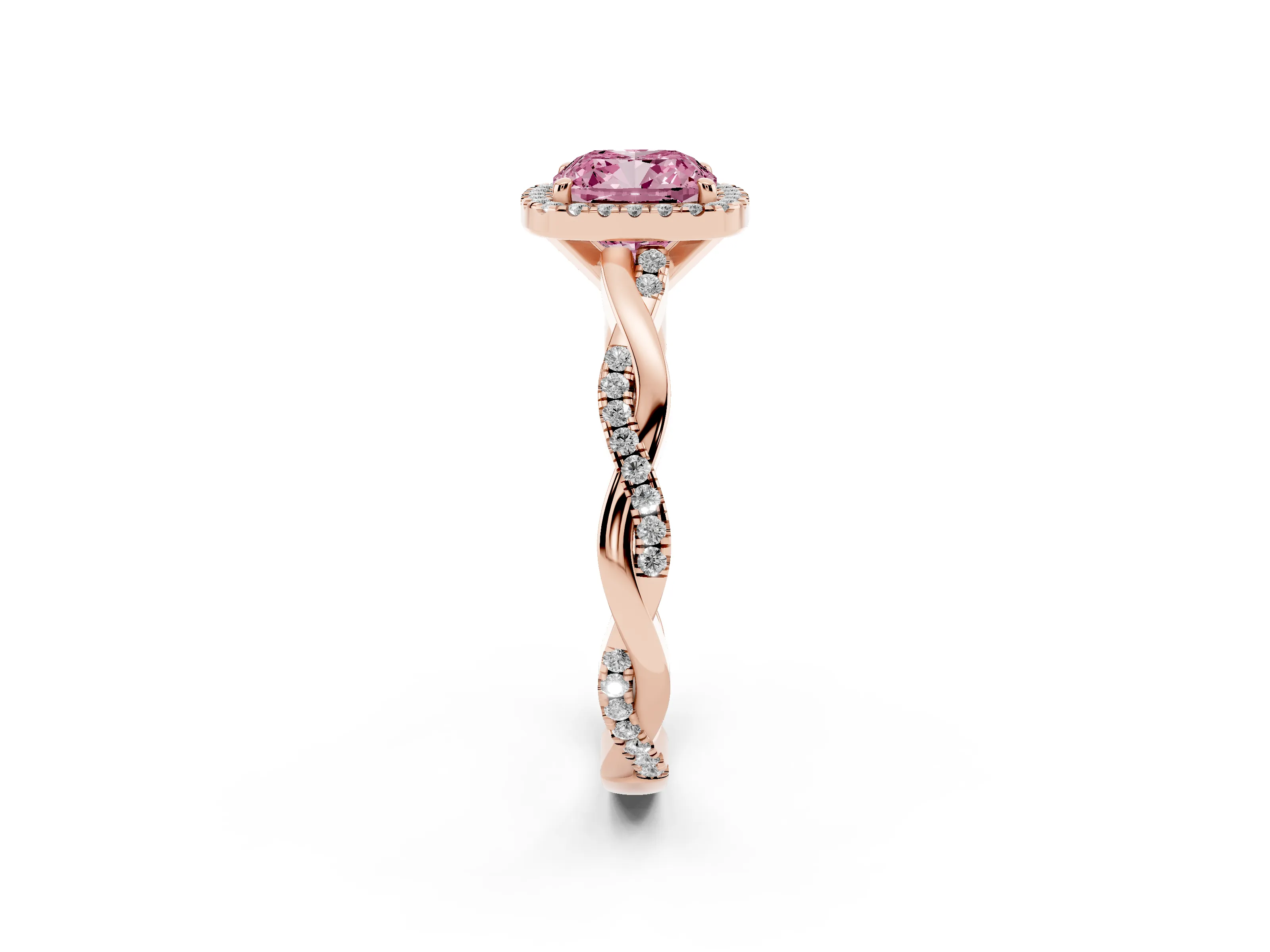 Fancy Pink Cushion Cut Diamond Halo Twisted Band Ring Set in Rose gold with Prong Setting