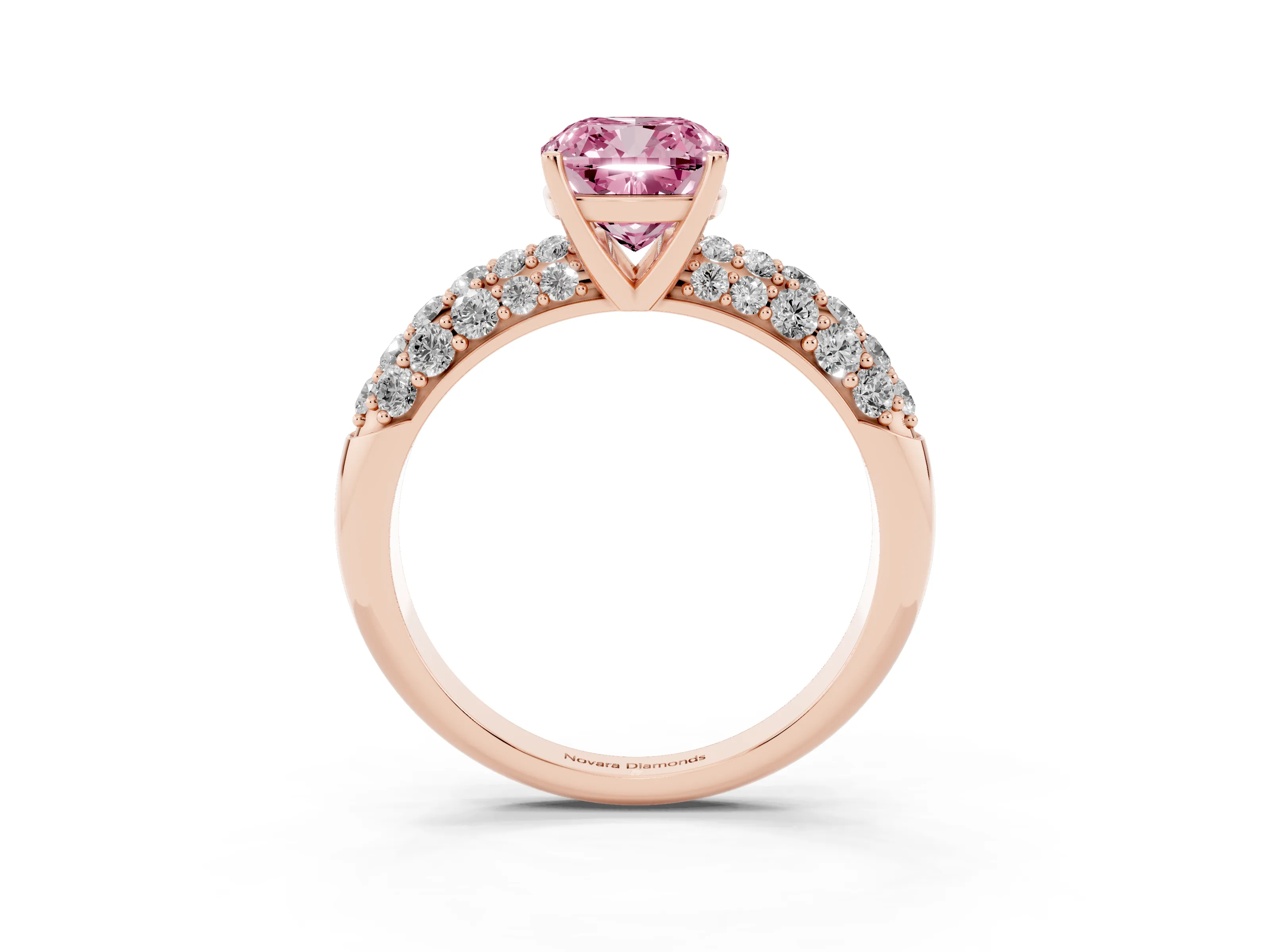 Fancy Pink Cushion Cut Diamond Pavé Band Solitaire Ring Set in Rose gold with Close-Set Accent Stones and Prong Setting