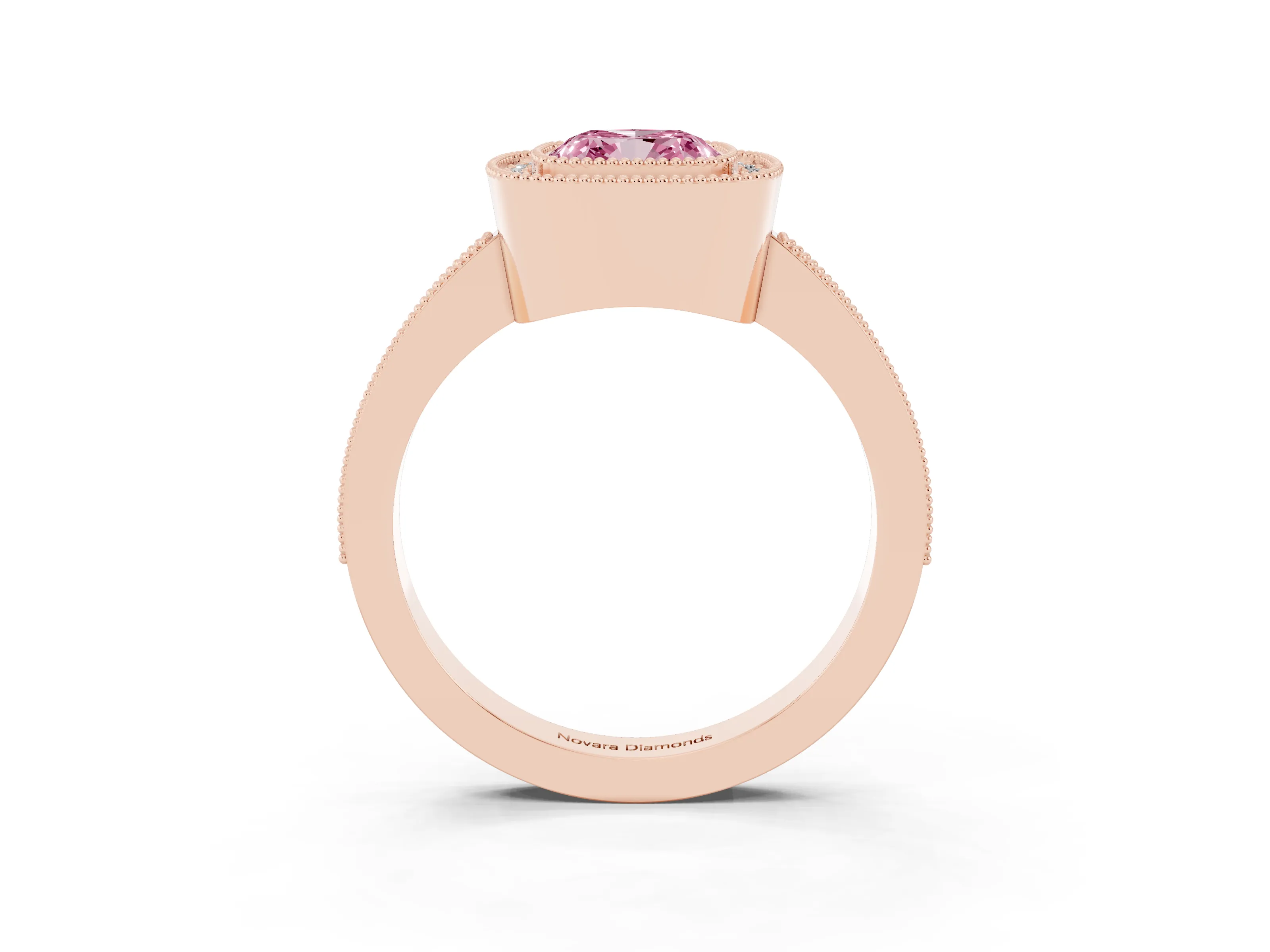 Fancy Pink Cushion Cut Diamond Halo Engagement Ring Set in Rose gold with Pavé Band and Round Halo Stones