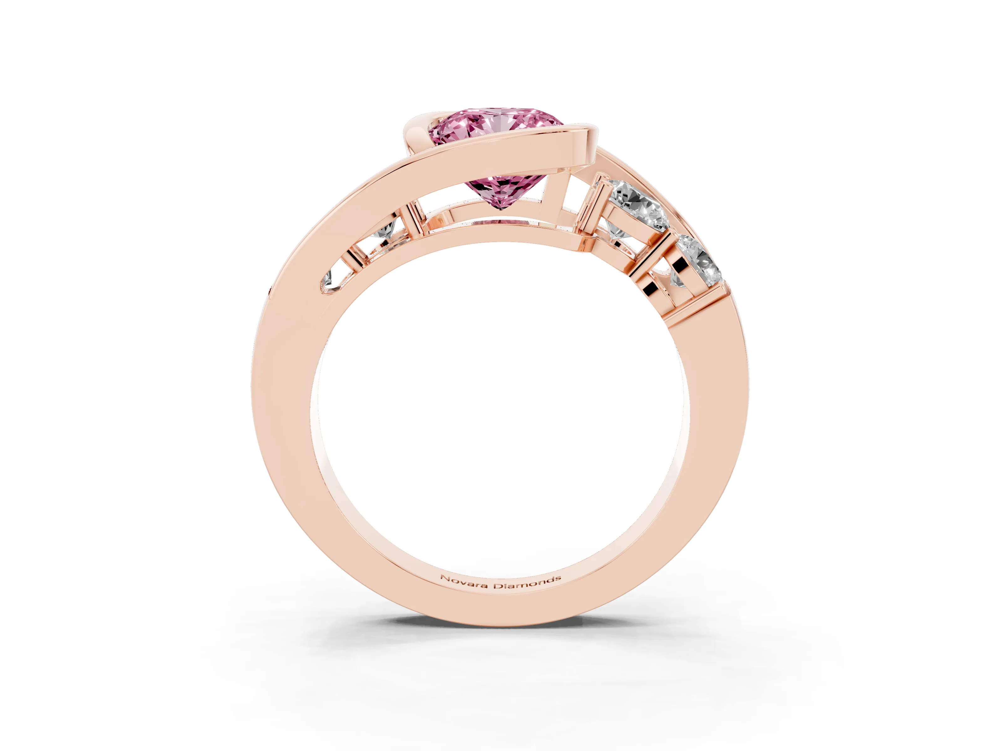 Fancy Pink Cushion Cut Diamond Bezel Bypass Ring Set in Rose gold with Round Accents
