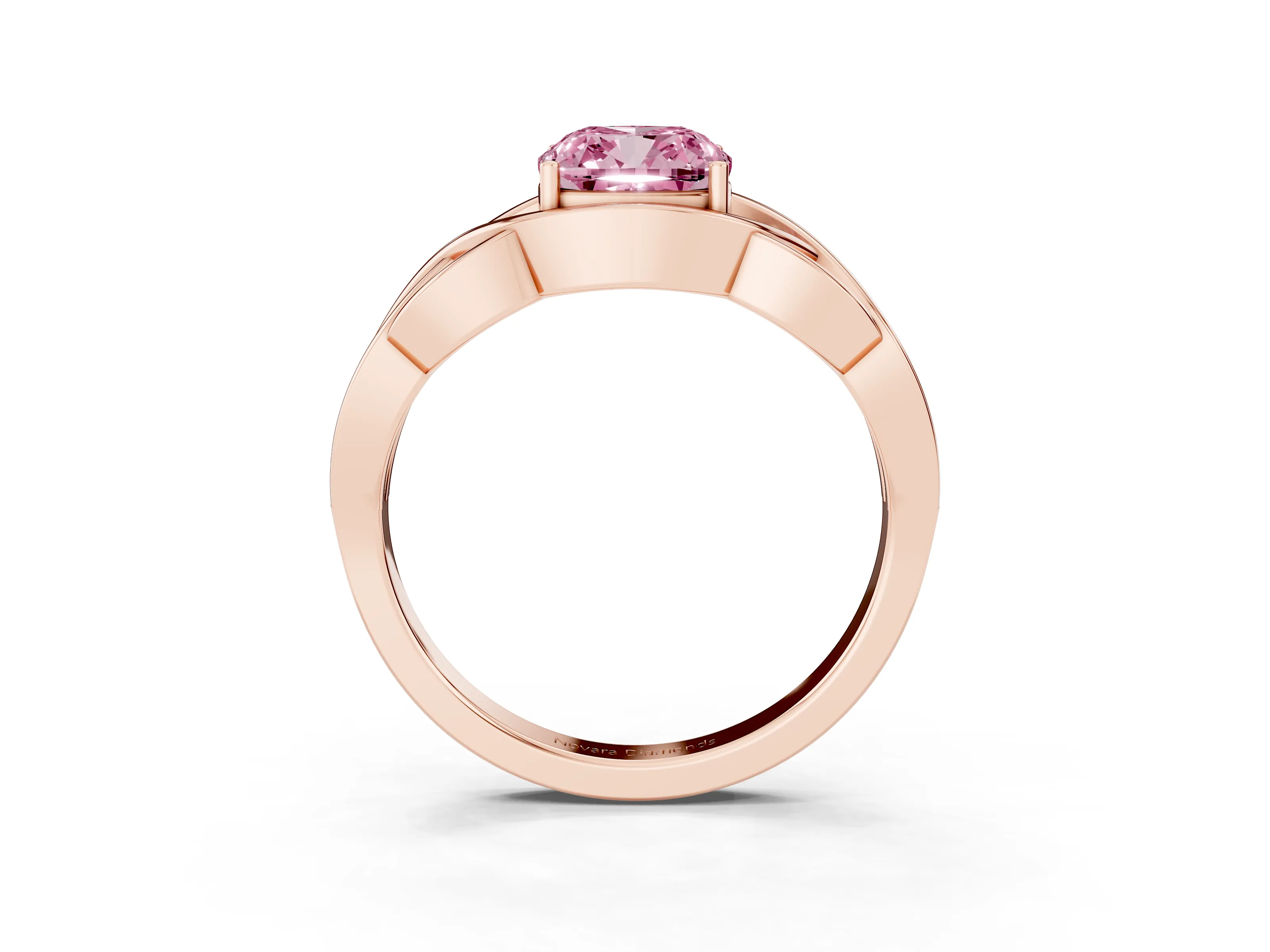 Fancy Pink Cushion Cut Diamond Solitaire Ring Set in Rose gold with Intertwined Band