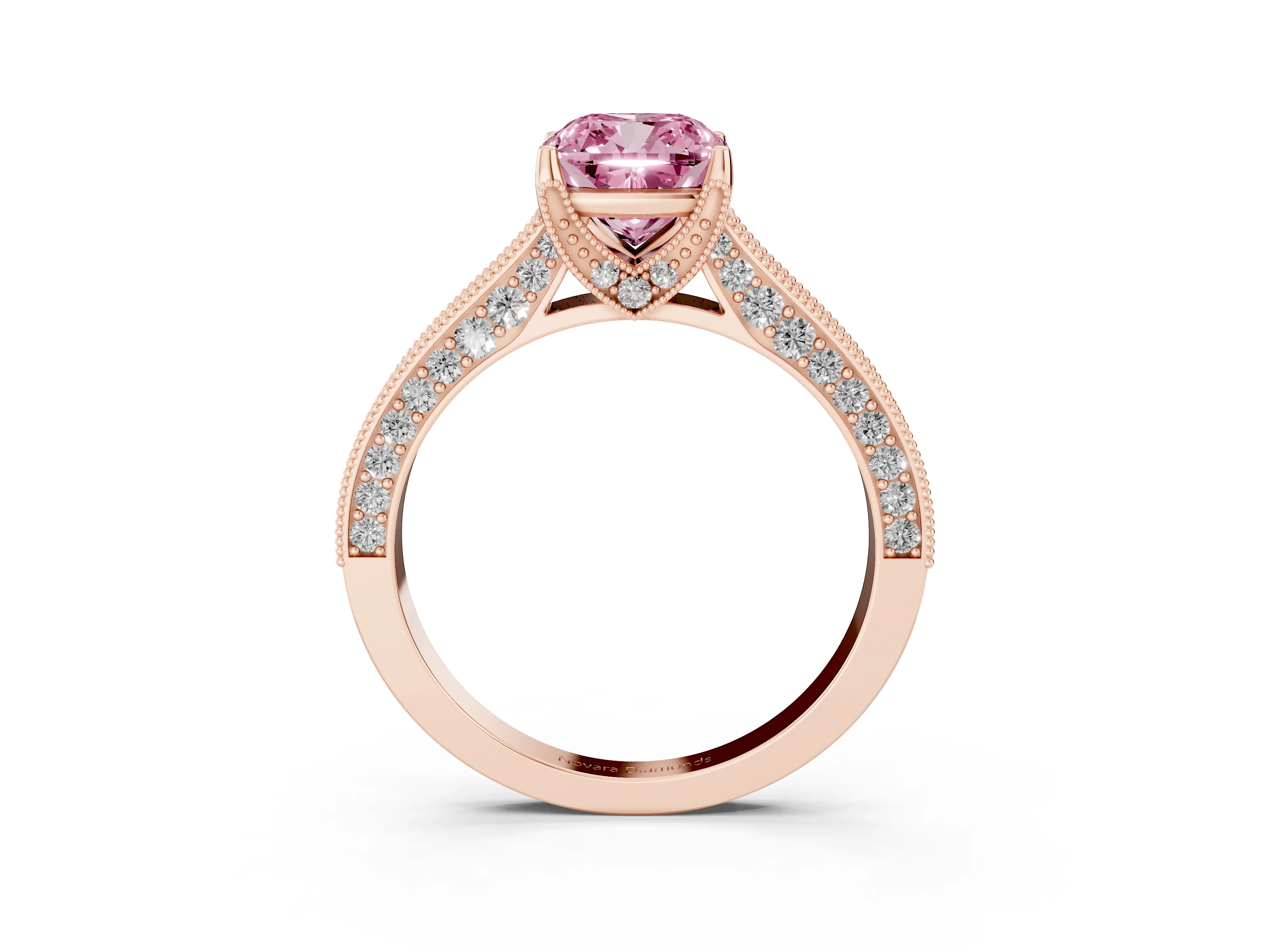 Fancy Pink Cushion Cut Diamond Solitaire Ring Set in Rose gold with Milgrain-Edged Pavé Band and Prong Setting