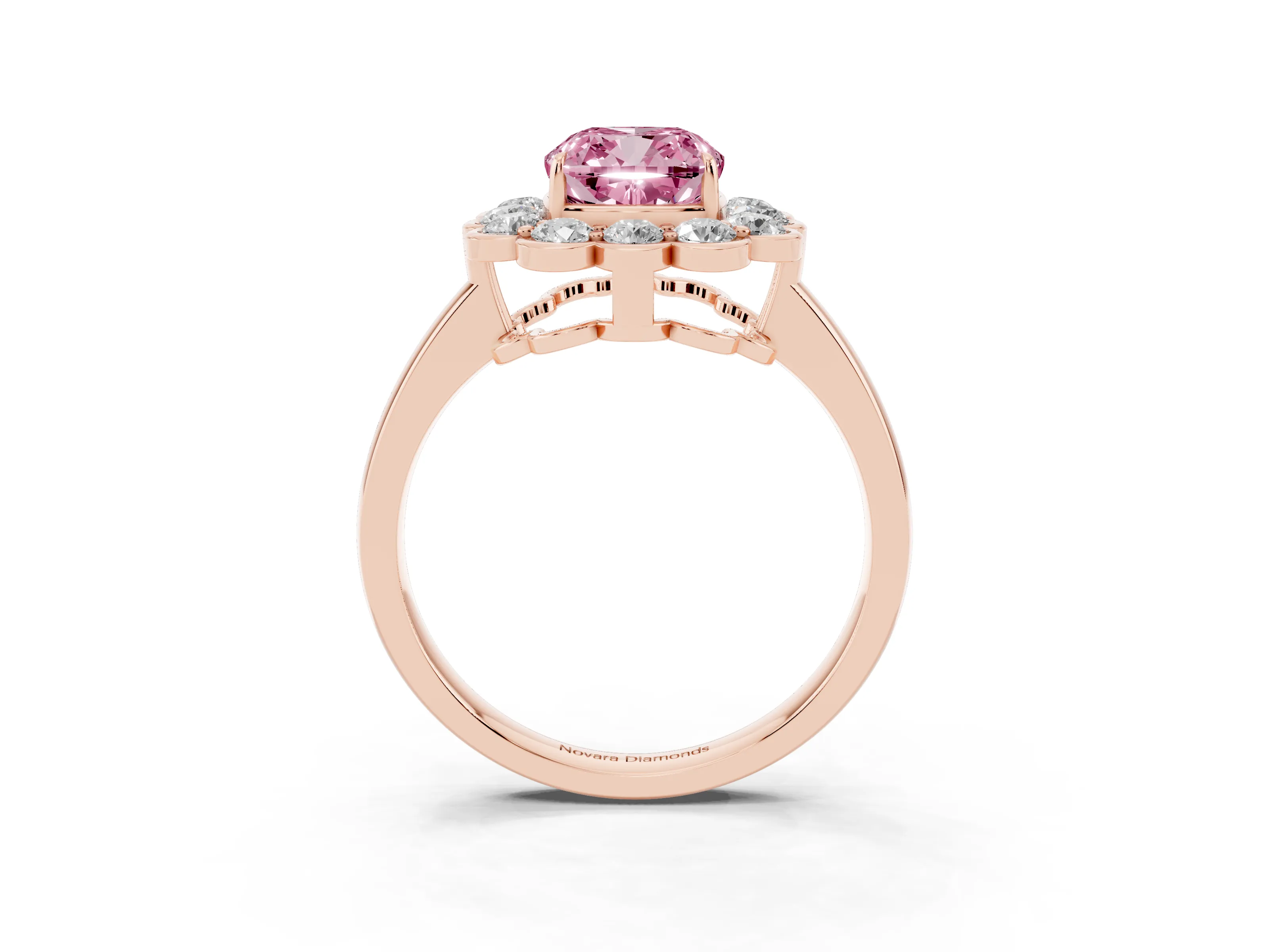 Fancy Pink Cushion Cut Diamond Halo Cluster Engagement Ring Set in Rose gold with Solitaire Band and Prong Setting
