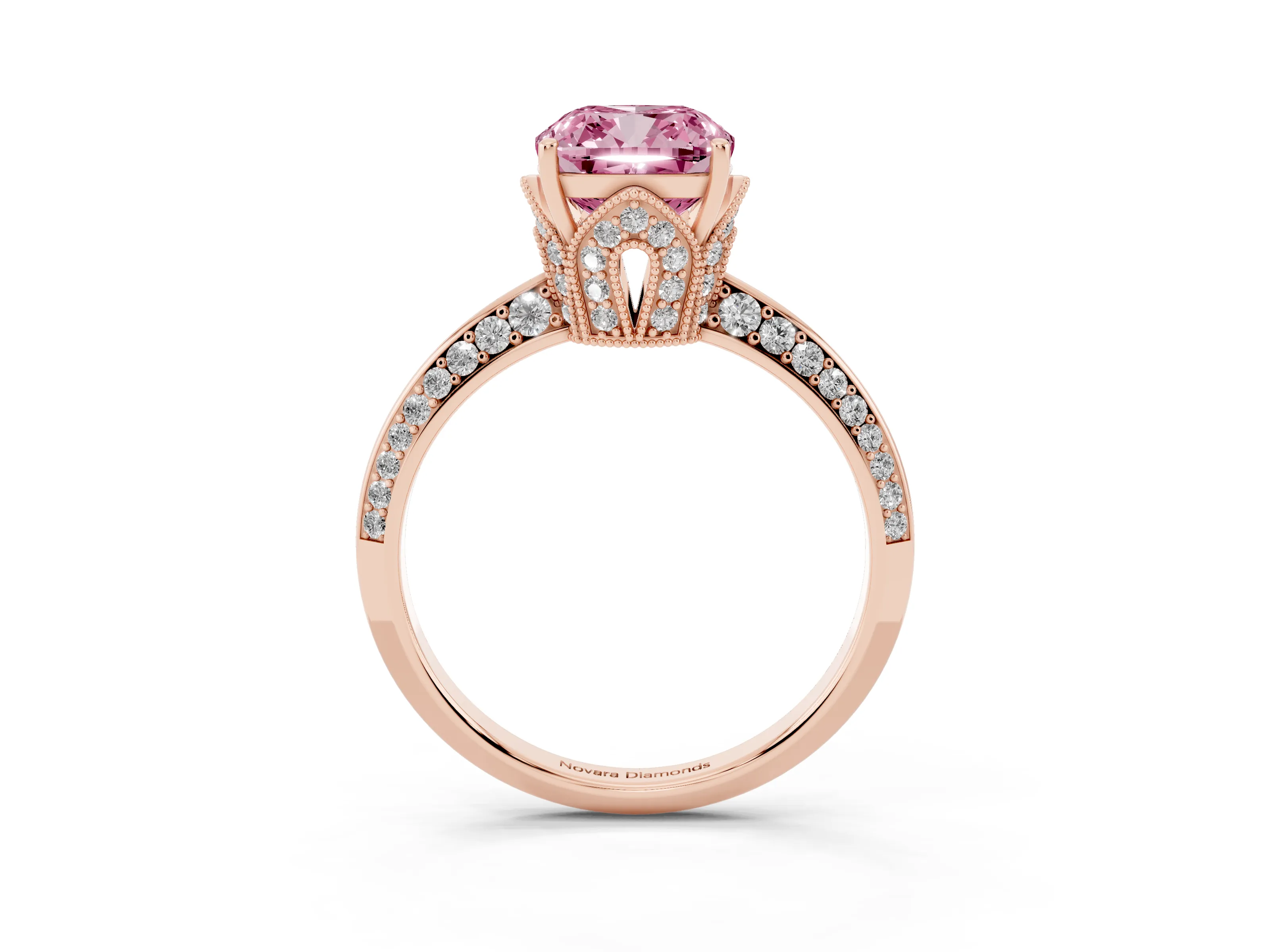 Fancy Pink Cushion Cut Diamond Solitaire Engagement Ring Set in Rose gold with Pavé Split Shank and Prong Setting