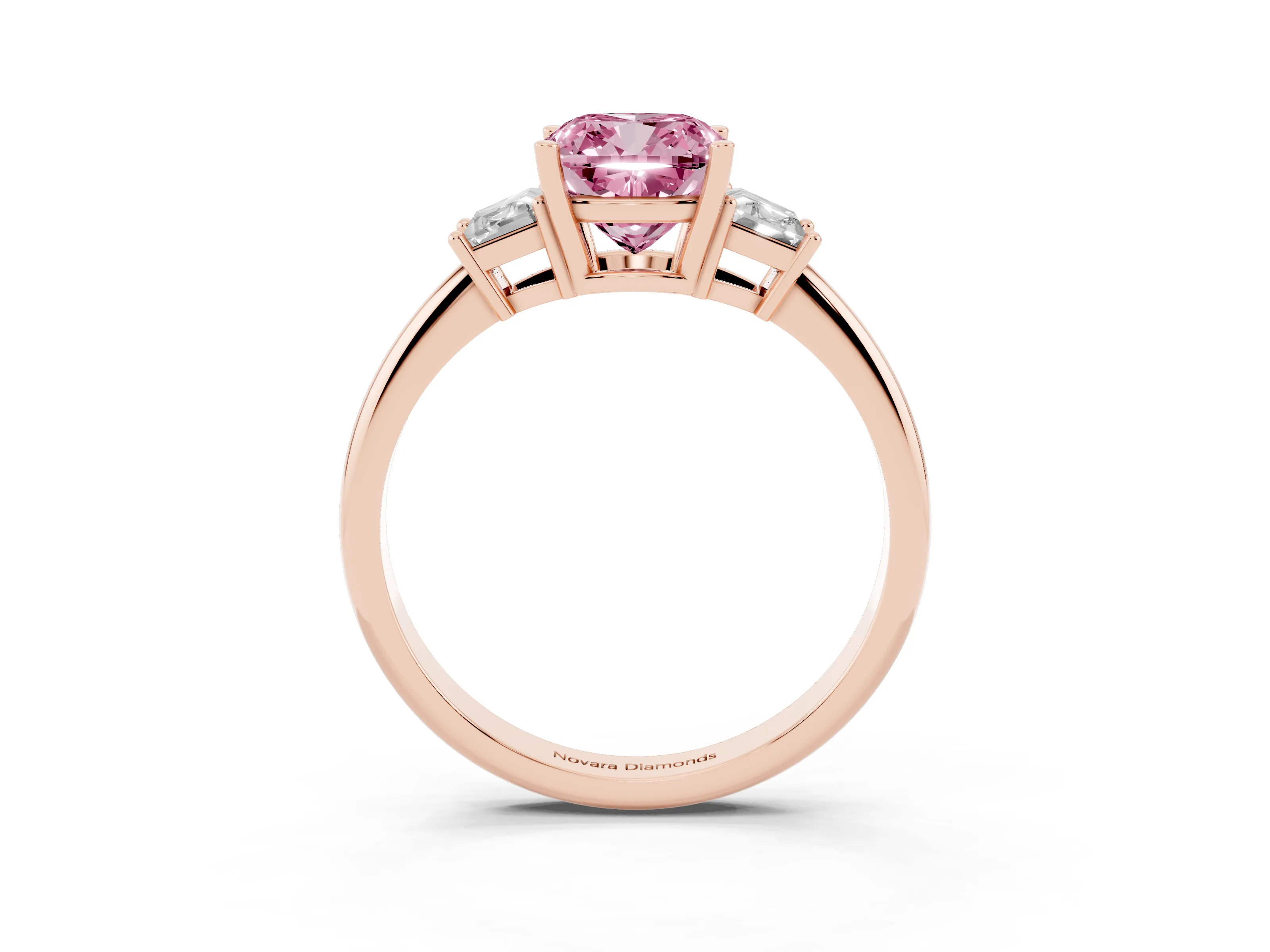 Fancy Pink Cushion Cut Diamond Three-Stone Ring Set in Rose gold with Trapezoid Side Stones and Prong Setting