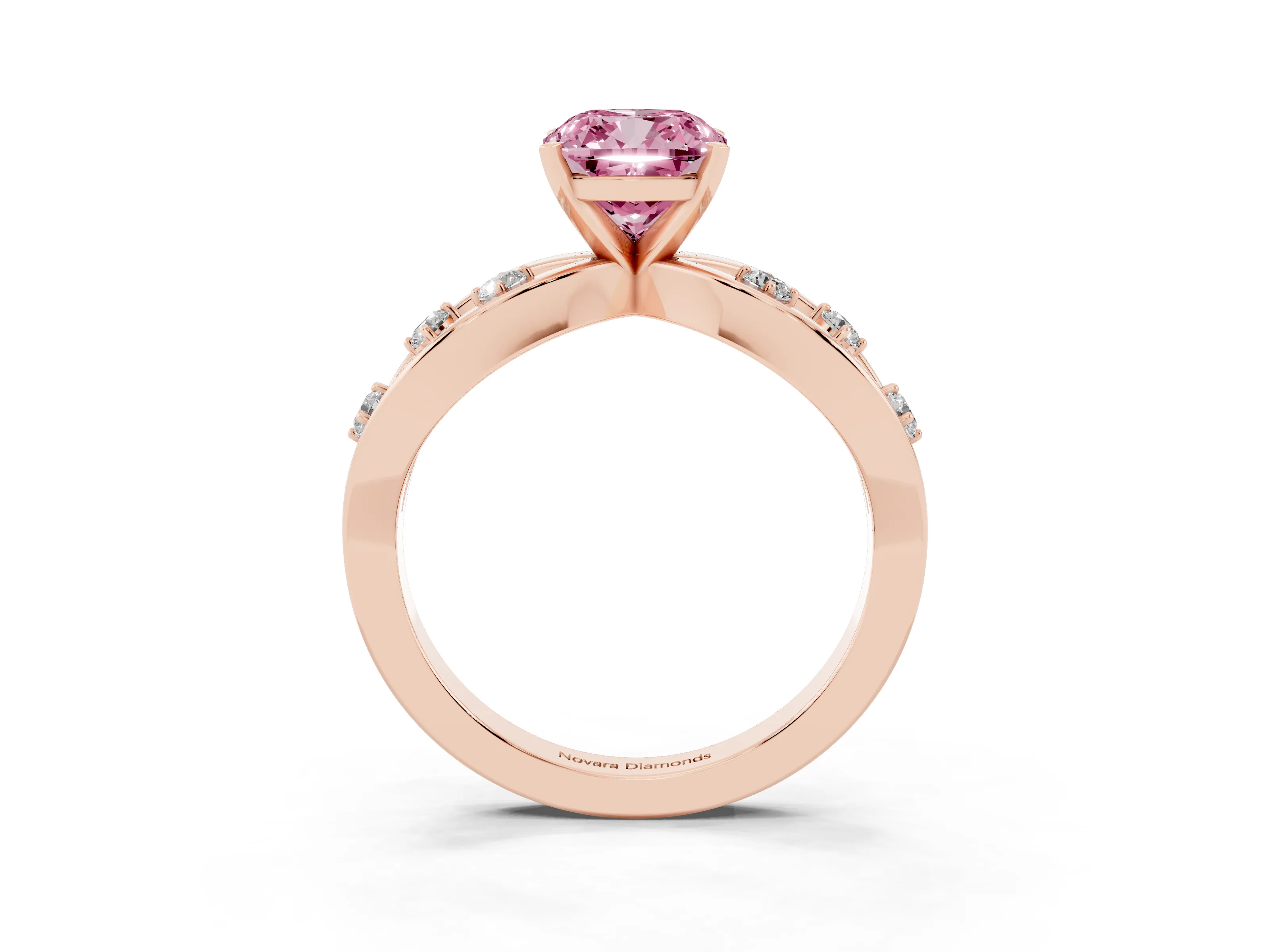 Fancy Pink Cushion Cut Diamond Solitaire Ring Set in Rose gold with Side Stones on Criss-Cross Band and Prong Setting