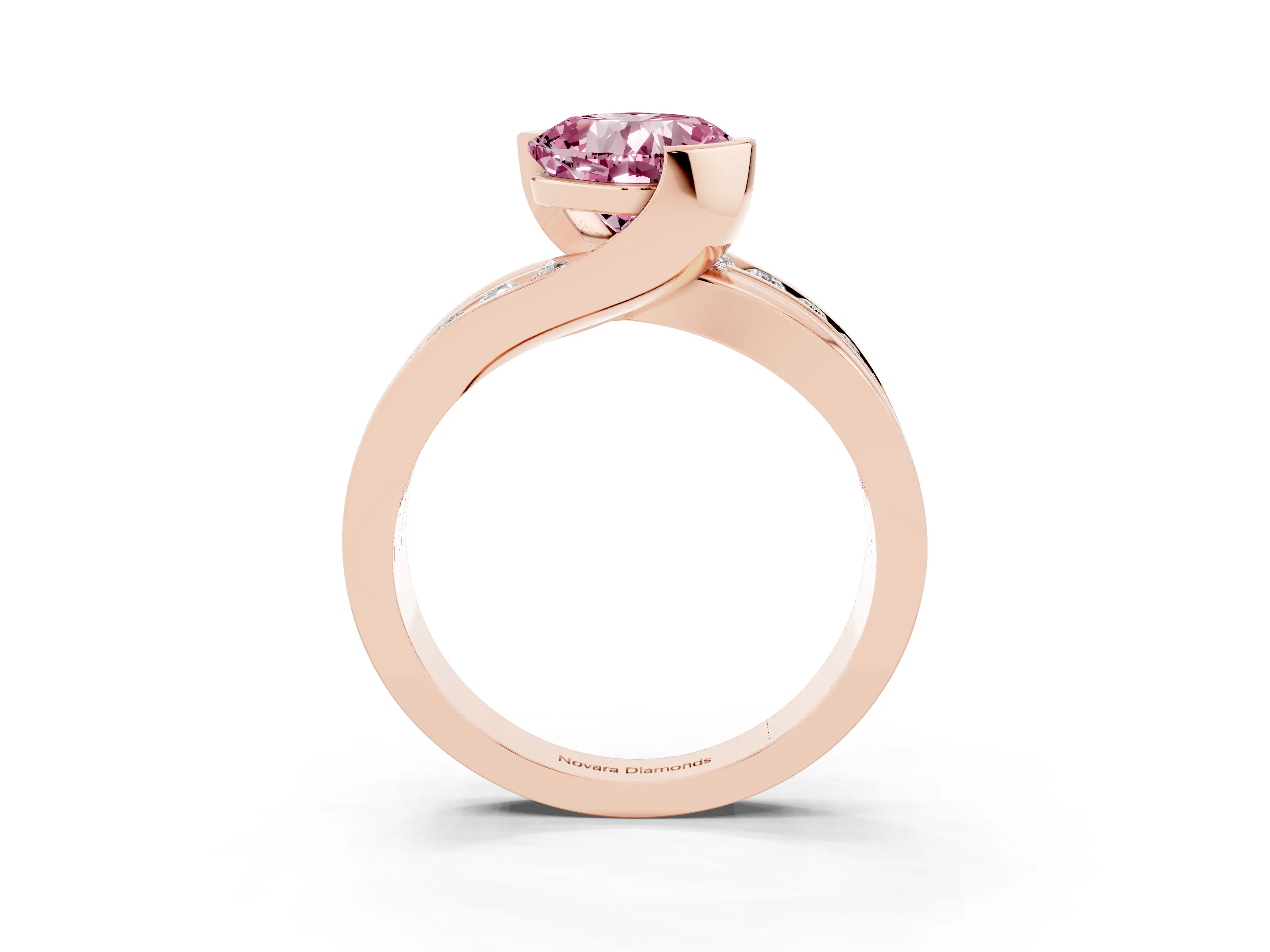 Fancy Pink Cushion Cut Diamond Solitaire Ring Set in Rose gold with Channel Set Split Shank and Tension Prongs