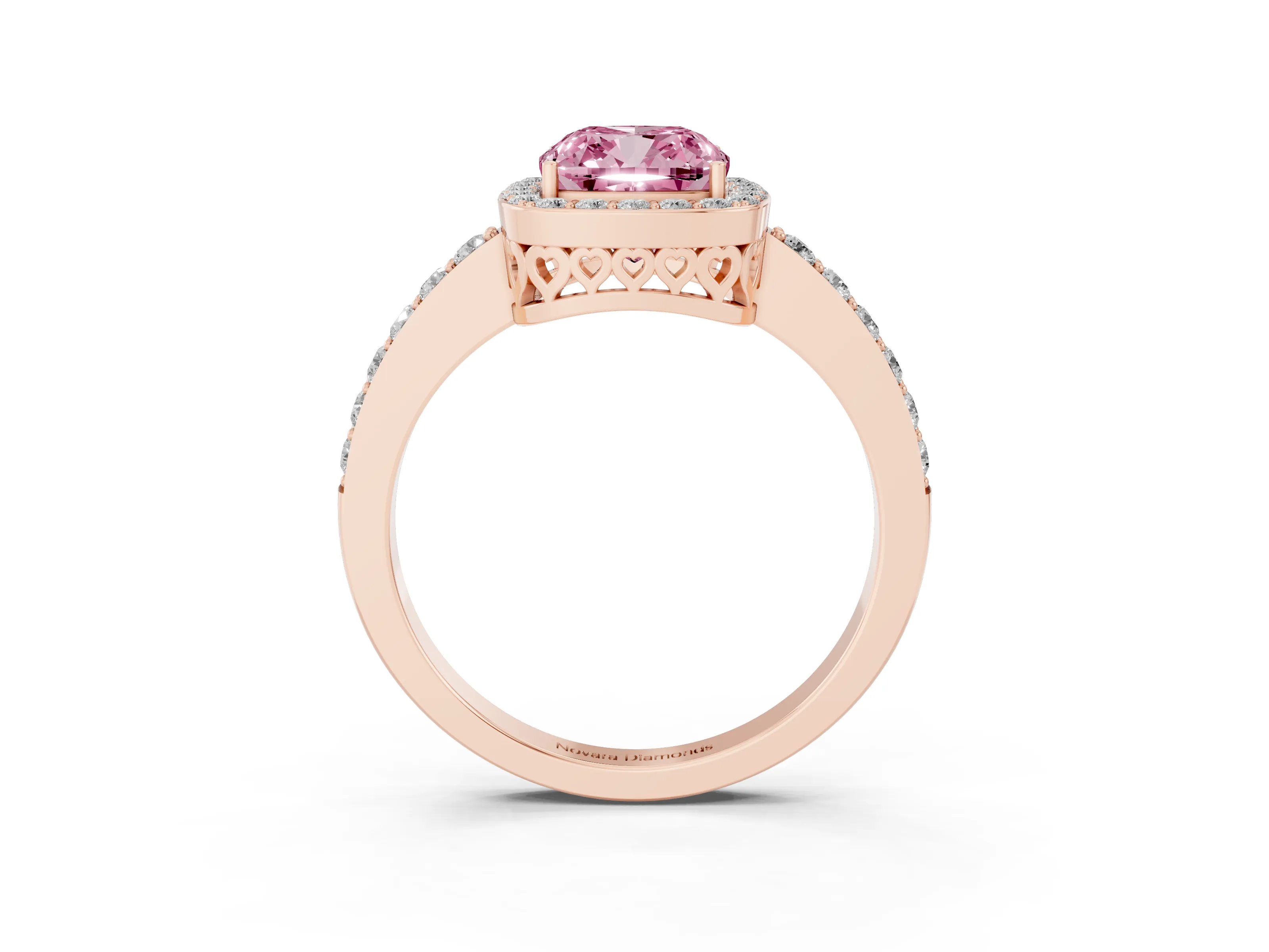 Fancy Pink Cushion Cut Diamond Halo Ring Set in Rose gold with Pavé-Setting Band and Open Prong Center