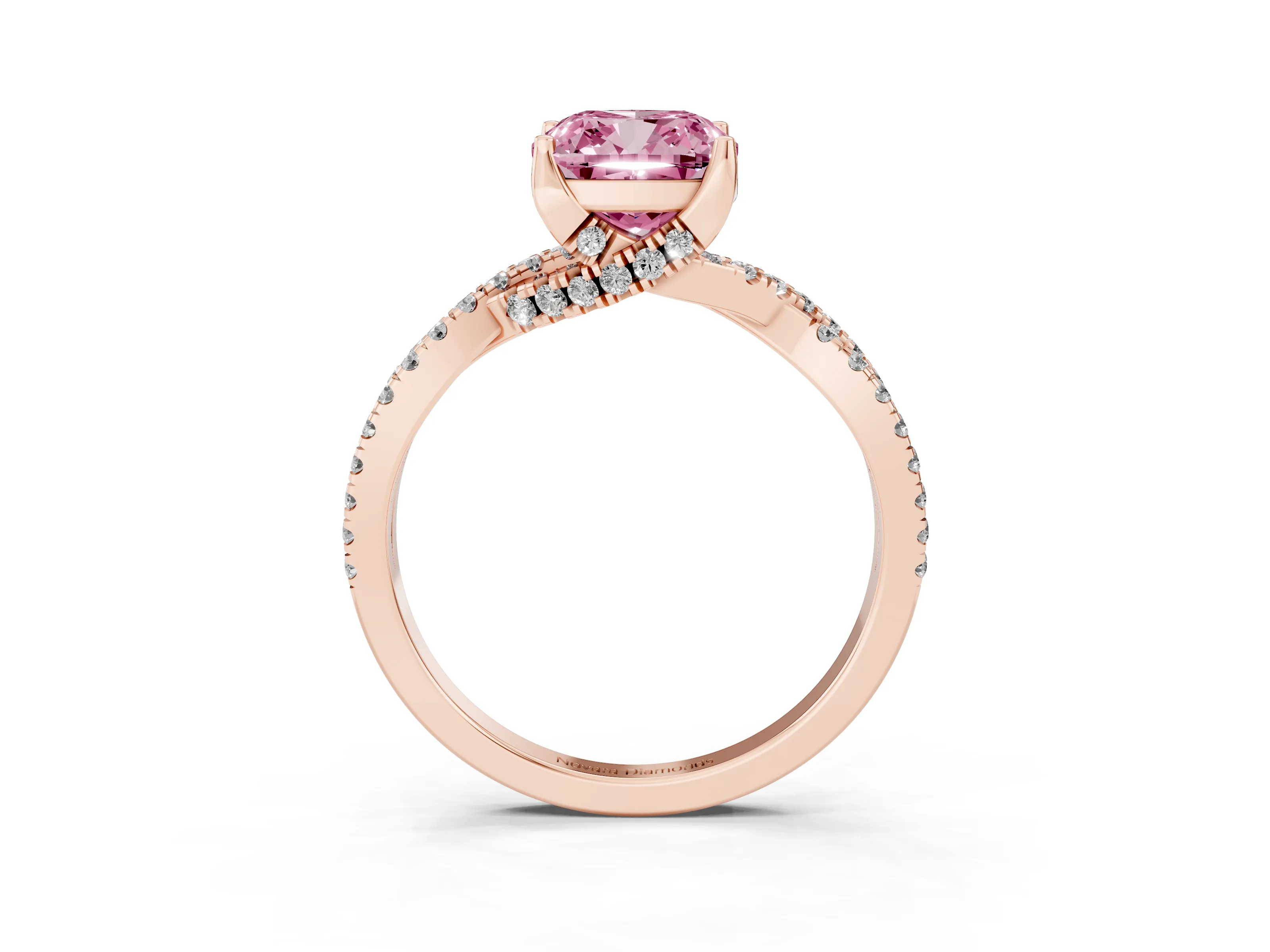 Fancy Pink Cushion Cut Diamond Twist Pavé Solitaire Engagement Ring Set in Rose gold with Prong Setting
