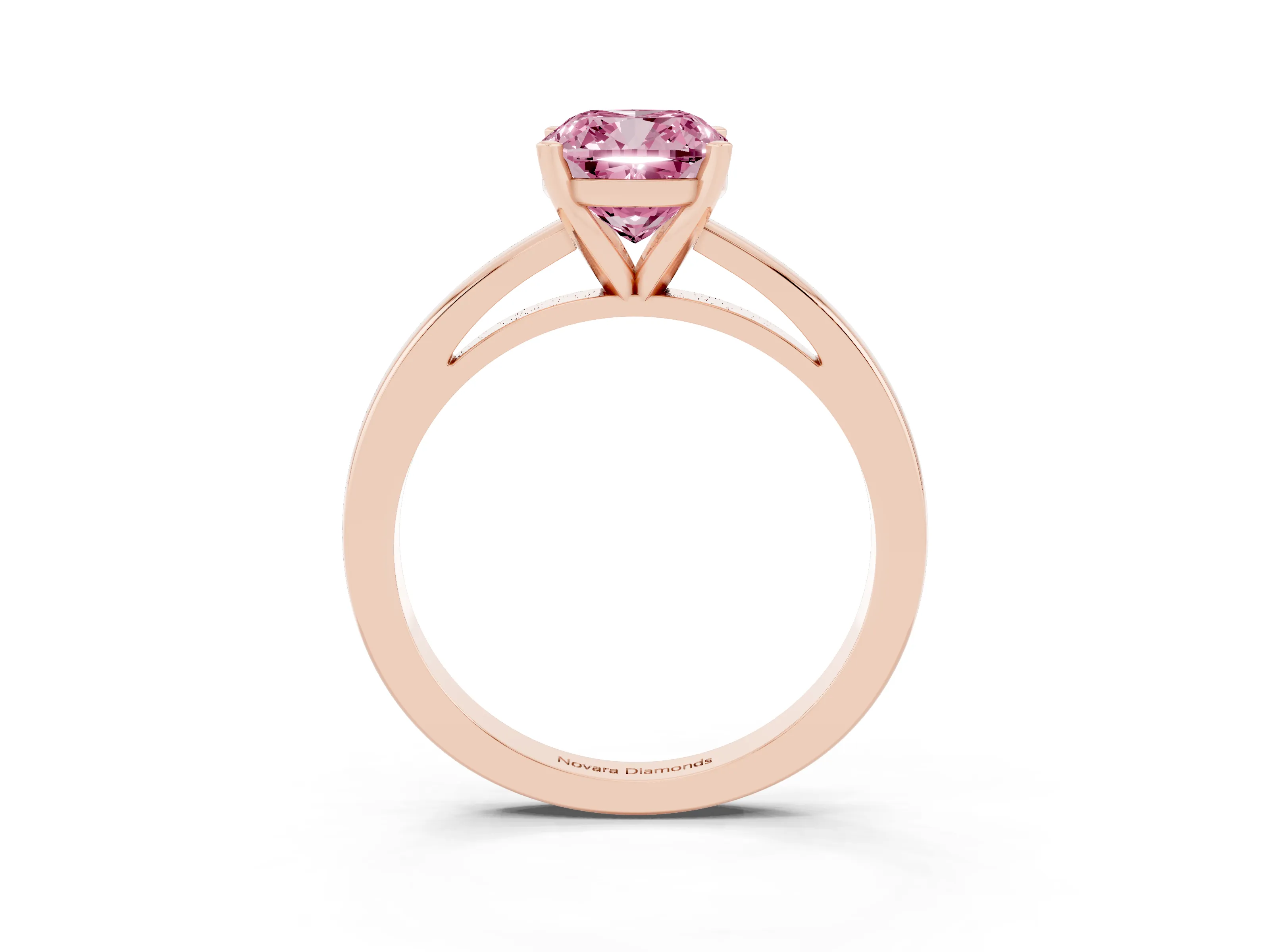 Fancy Pink Cushion Cut Diamond Solitaire Engagement Ring Set in Rose gold with Prong Setting on a Classic Band