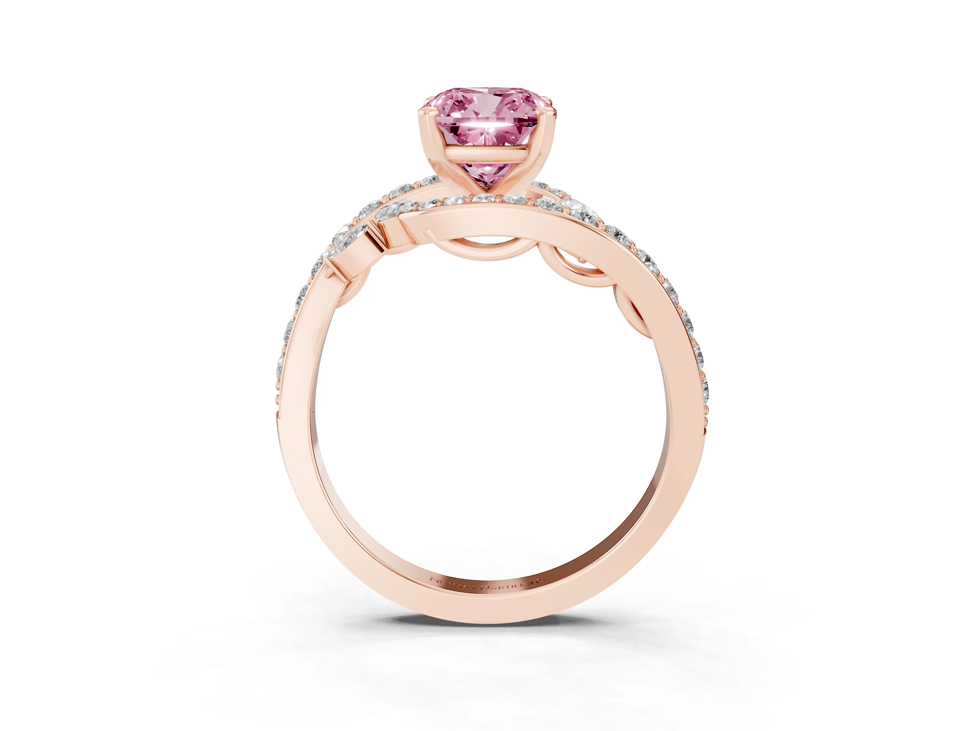 Fancy Pink Cushion Cut Diamond Solitaire Ring Set in Rose gold with Filigree Band and Prong Setting