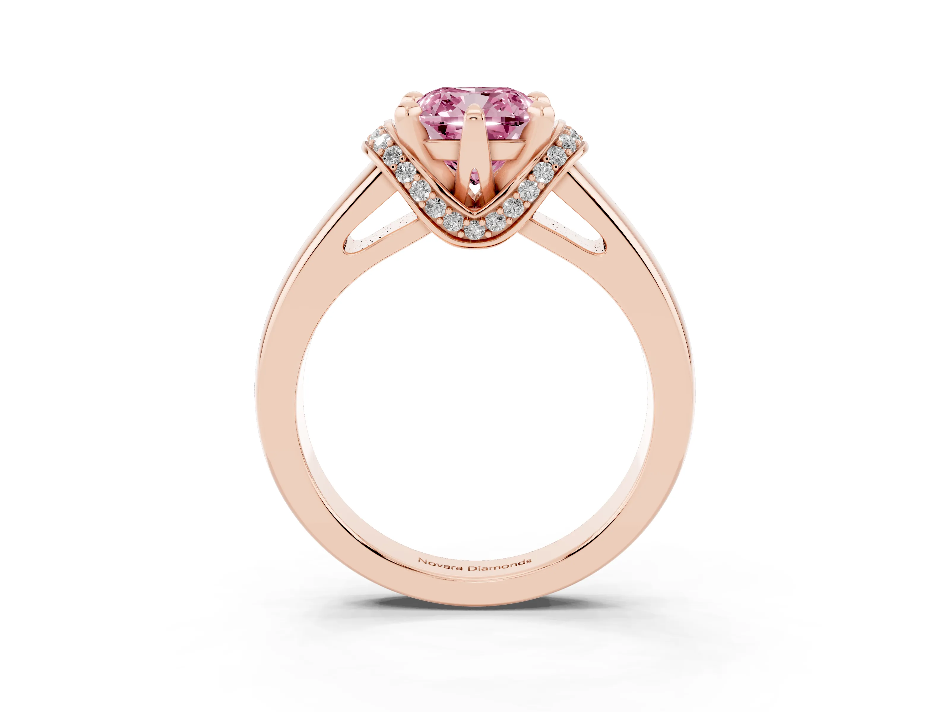 Fancy Pink Cushion Cut Diamond Pavé Band Solitaire Ring Set in Rose gold with Prong Setting
