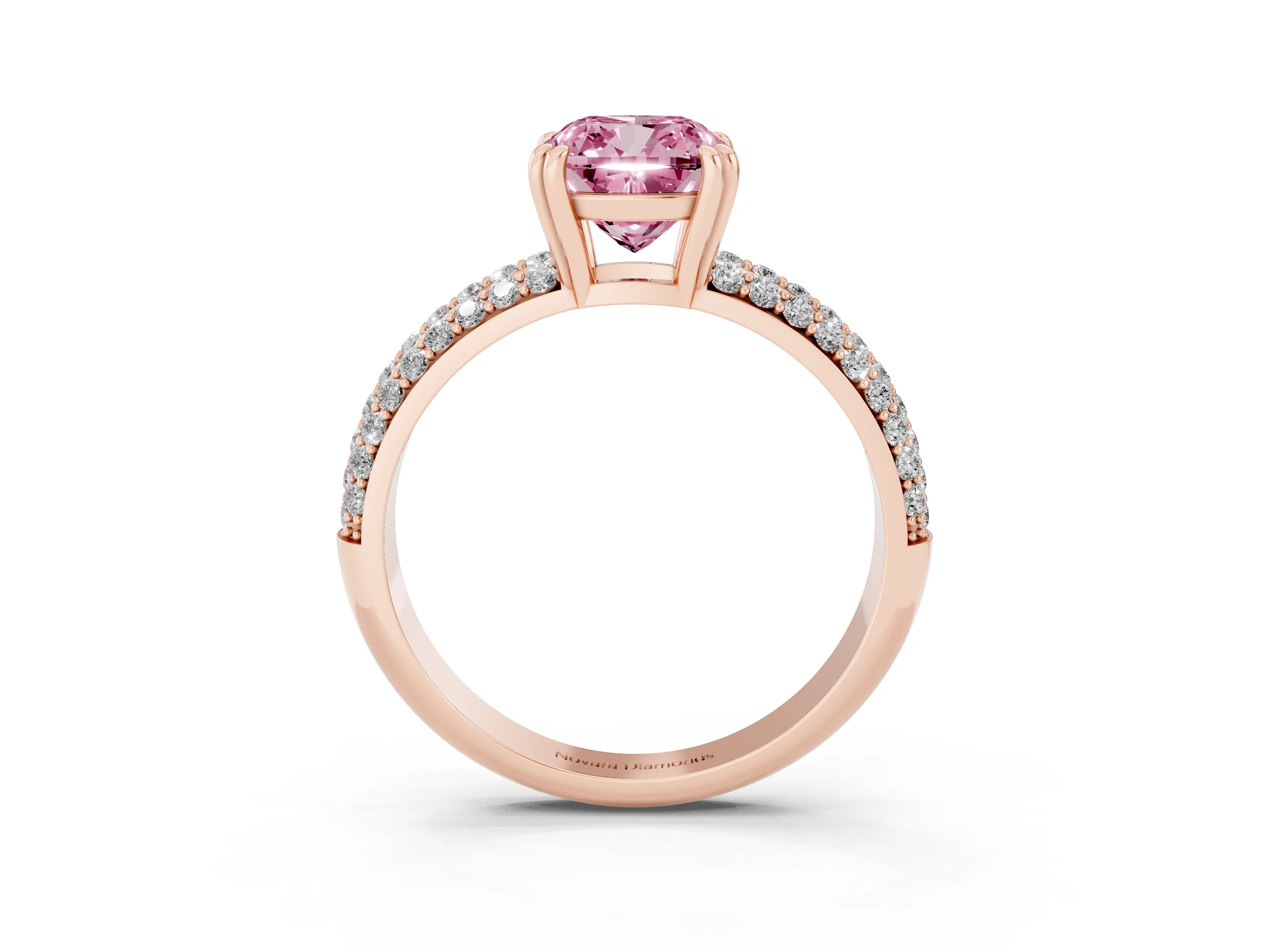 Fancy Pink Cushion Cut Diamond Solitaire Ring Set in Rose gold with Multi-Row Round Pavé Band and Prong Setting