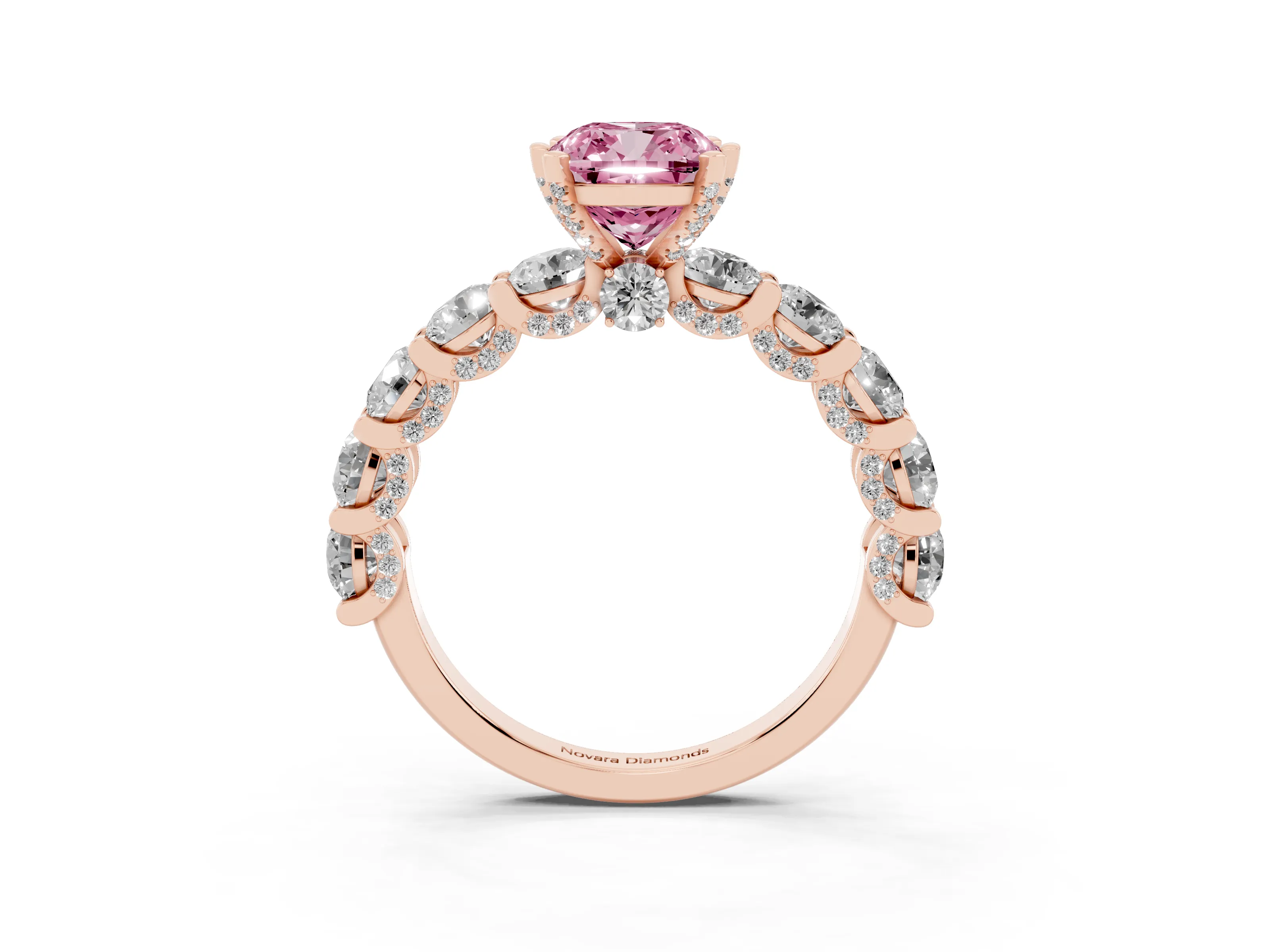 Fancy Pink Cushion Cut Diamond Side Stone Ring Set in Rose gold with Alternating Round and Oval Side Stones