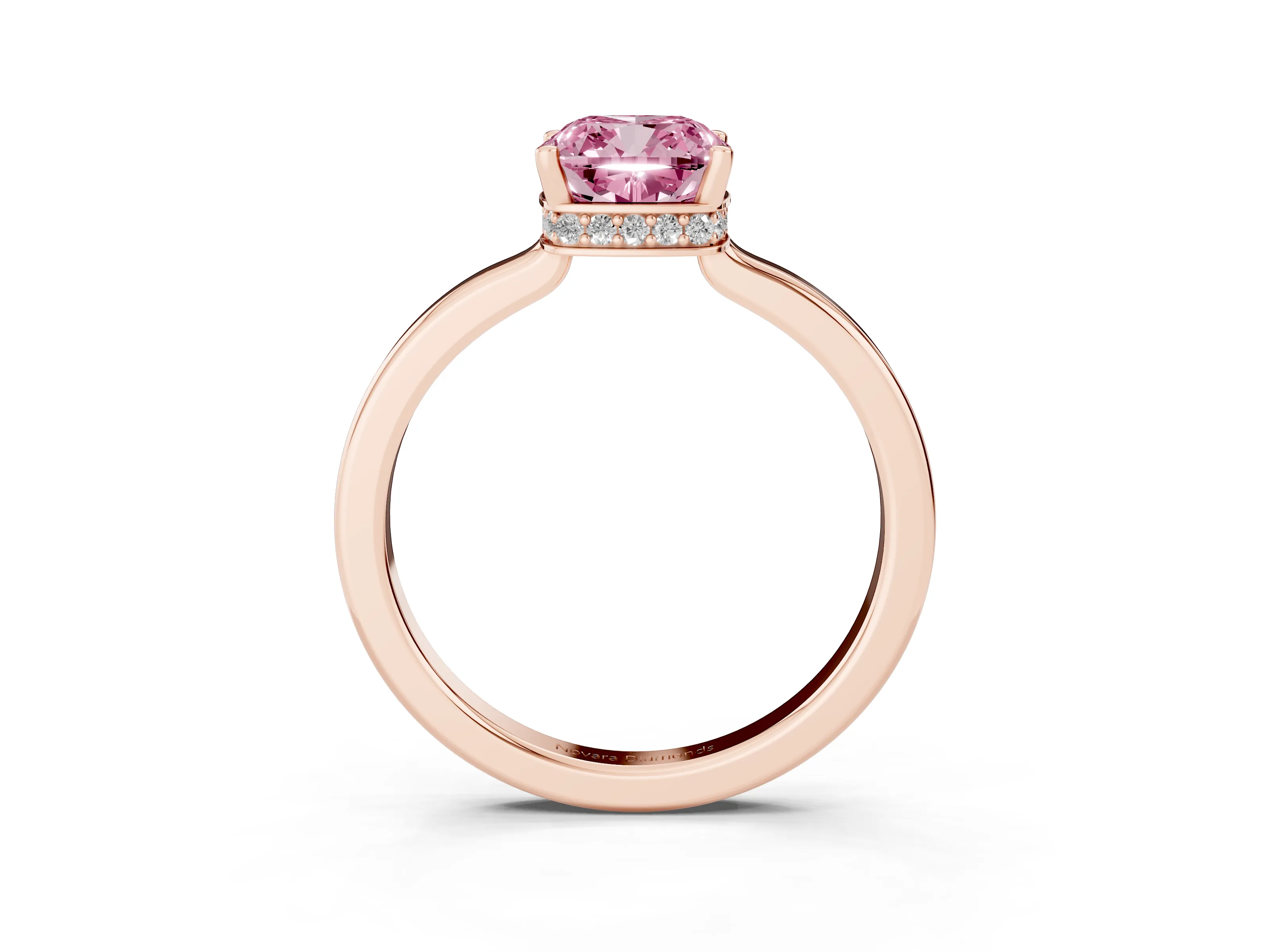 Fancy Pink Cushion Cut Diamond Solitaire Engagement Ring Set in Rose gold with Prong Setting on a Plain Band