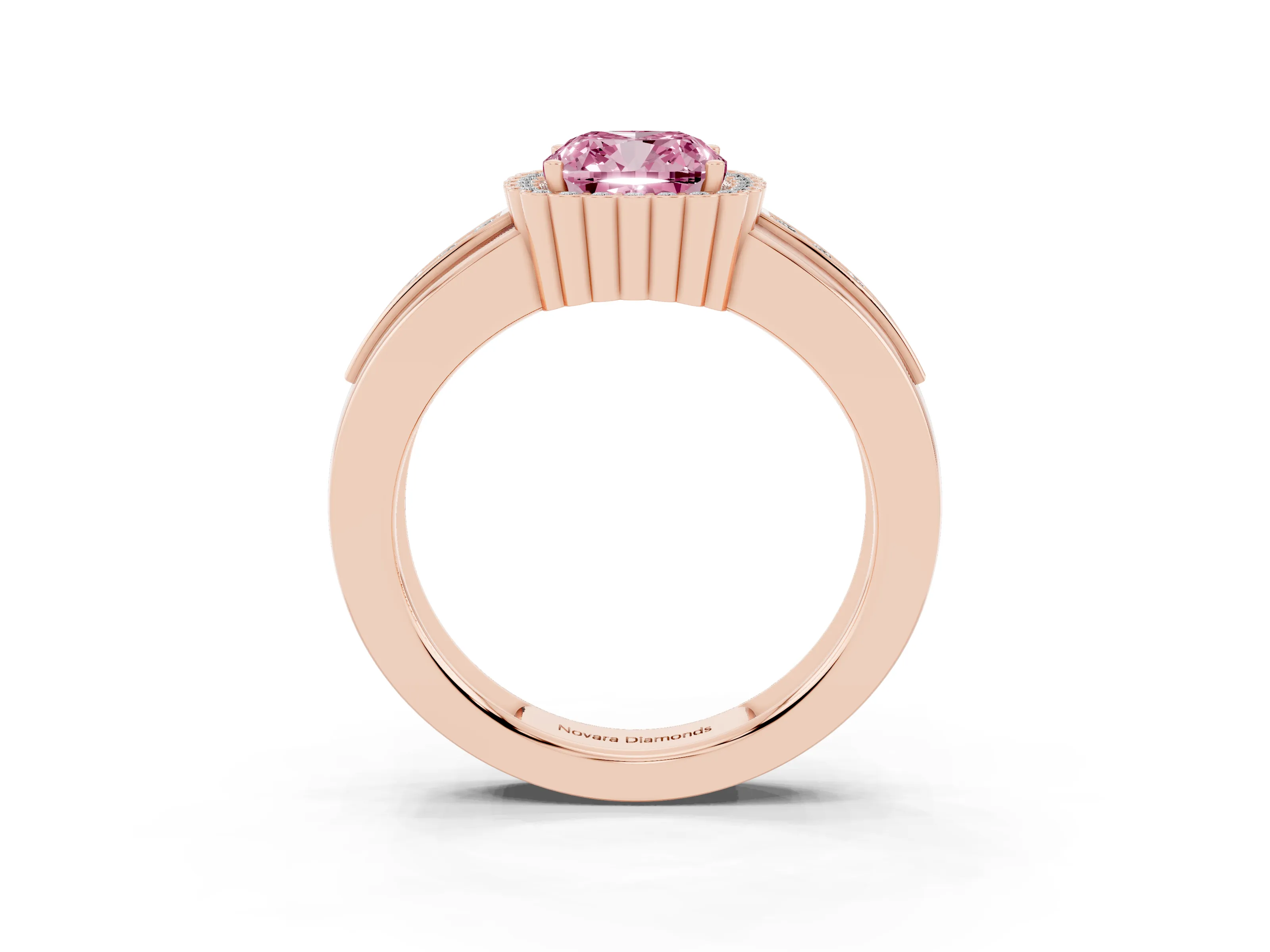 Fancy Pink Cushion Cut Diamond Halo Prong Ring Set in Rose gold with Pavé Band
