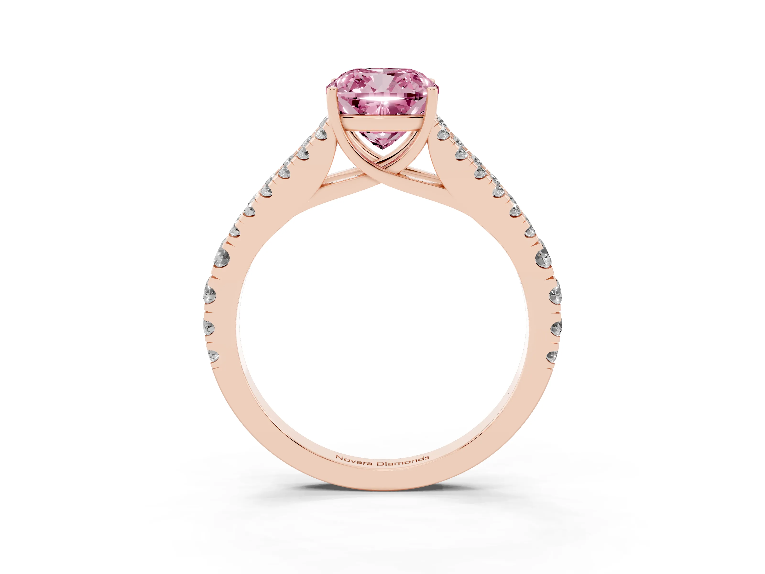 Fancy Pink Cushion Cut Diamond Split Shank Pavé Engagement Ring Set in Rose gold with Prong-Held Center Stone