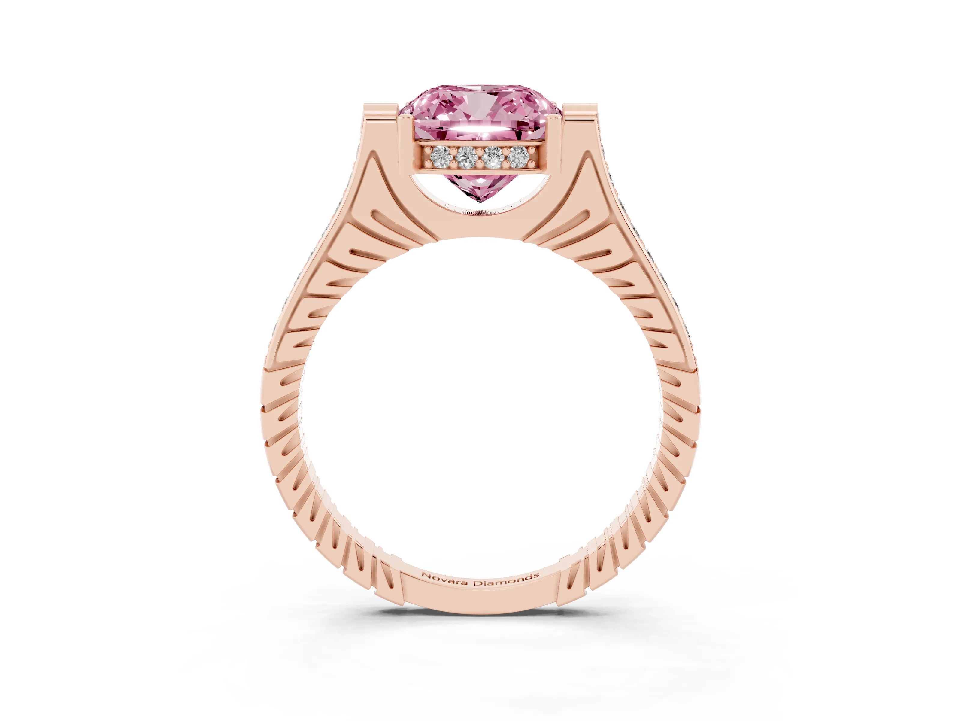 Fancy Pink Cushion Cut Diamond Solitaire Ring Set in Rose gold with Channel Set Band and Bezel Prong Setting