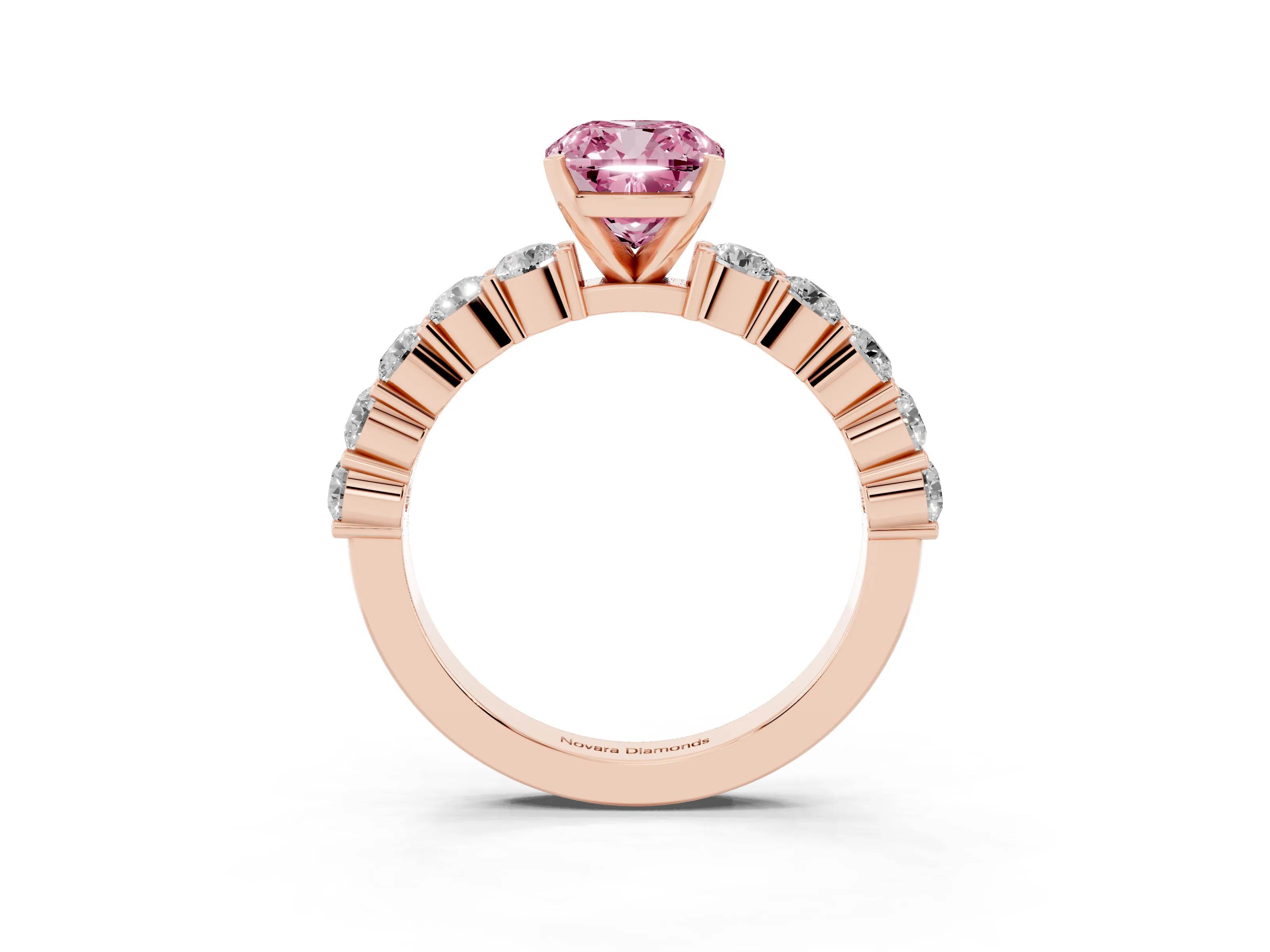 Fancy Pink Cushion Cut Diamond Solitaire Ring Set in Rose gold with Shared Prong Round Side Stones