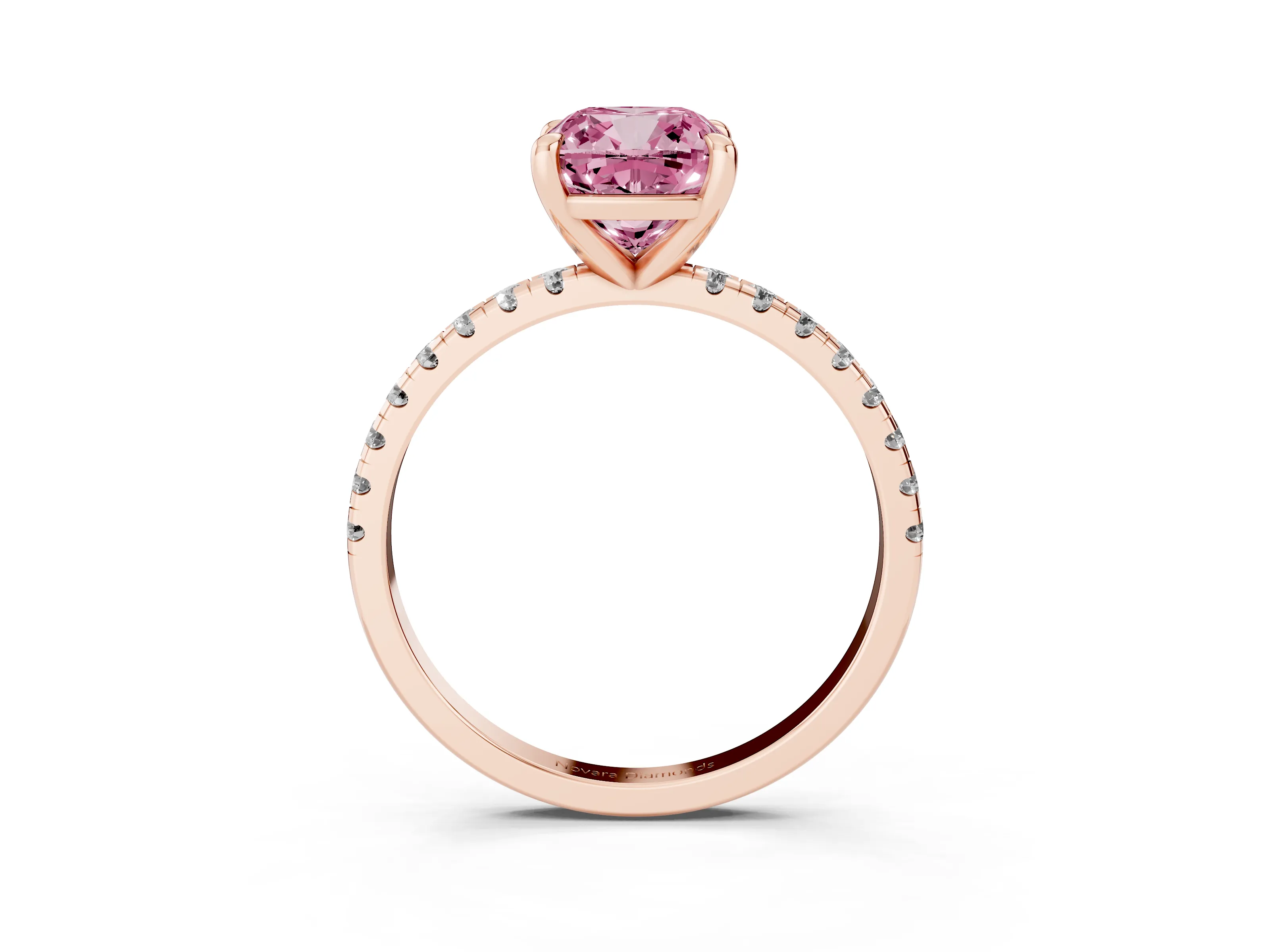 Fancy Pink Cushion Cut Diamond Brilliant Solitaire Ring Set in Rose gold with Pavé Band and Prong Setting