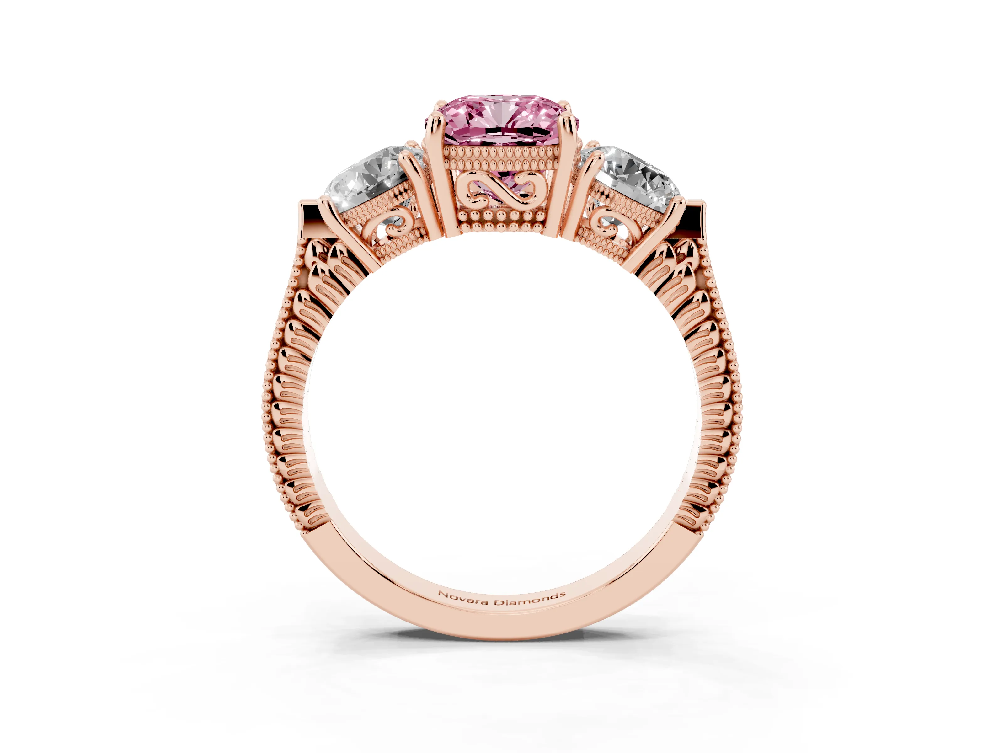 Fancy Pink Cushion Cut Diamond Three-Stone Ring Set in Rose gold with Milgrain Band