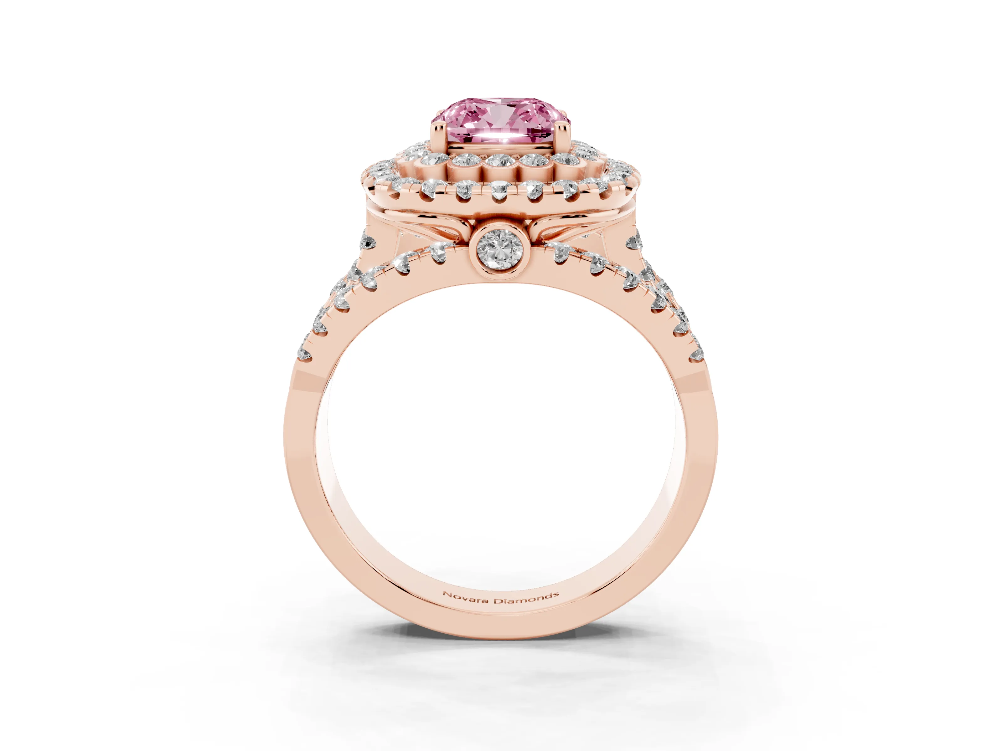Fancy Pink Cushion Cut Diamond Double Halo Ring Set in Rose gold with Round Pavé Split Shank