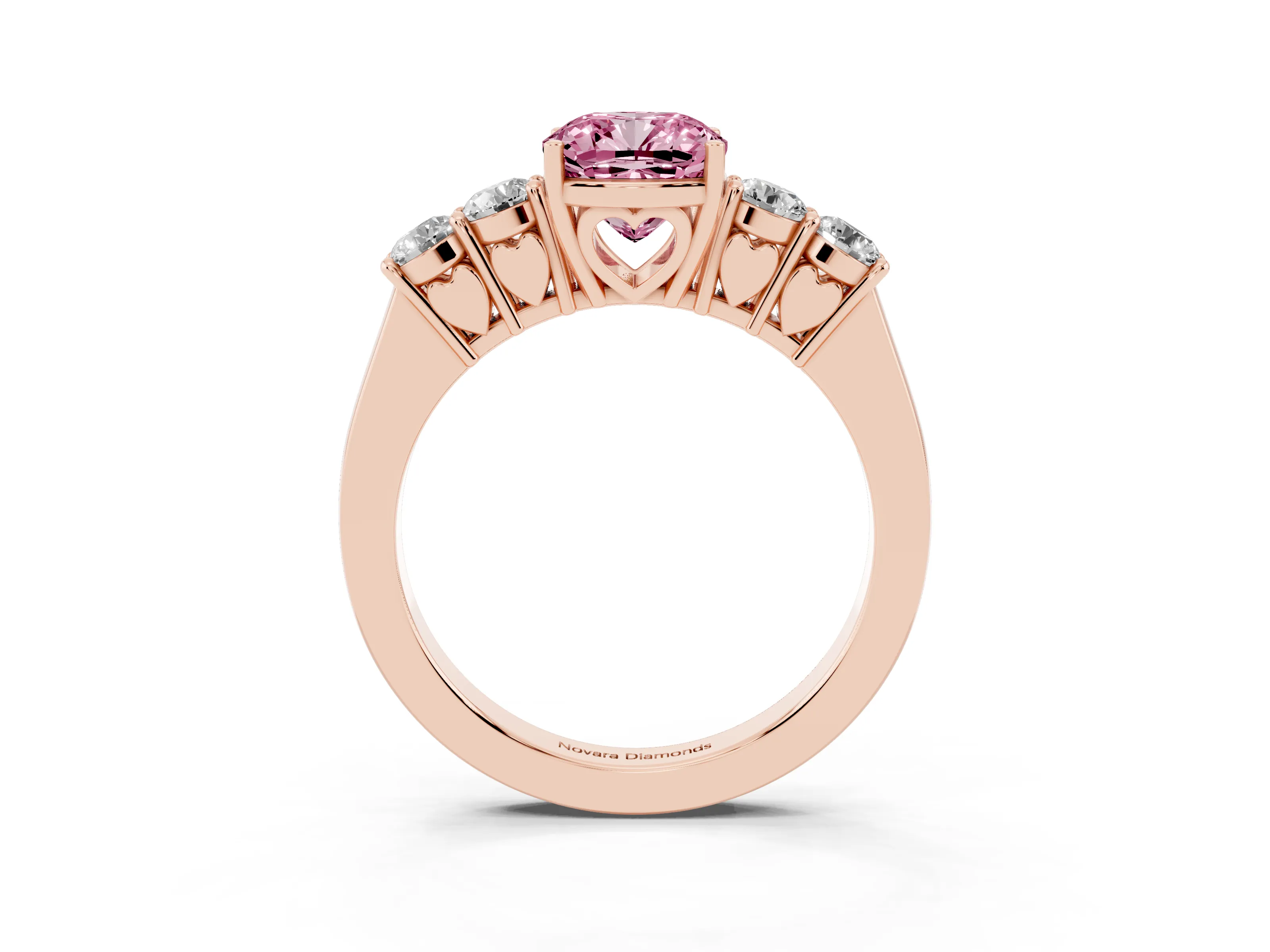 Fancy Pink Cushion Cut Diamond Five-Stone Prong Set Band Ring Set in Rose gold with Polished Band