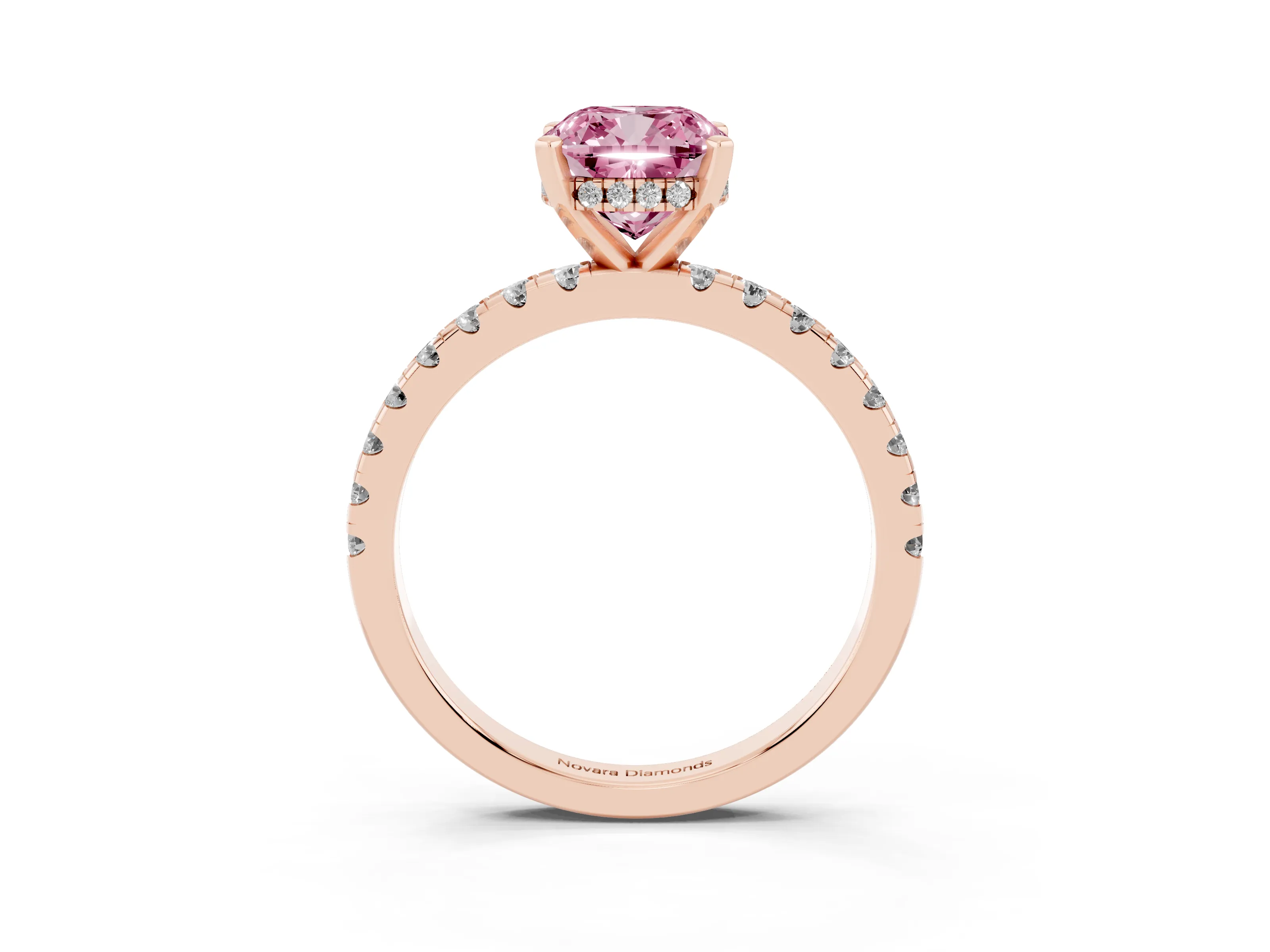 Fancy Pink Cushion Cut Diamond Pavé Solitaire Ring Set in Rose gold with Round Band Accents and Prong Setting