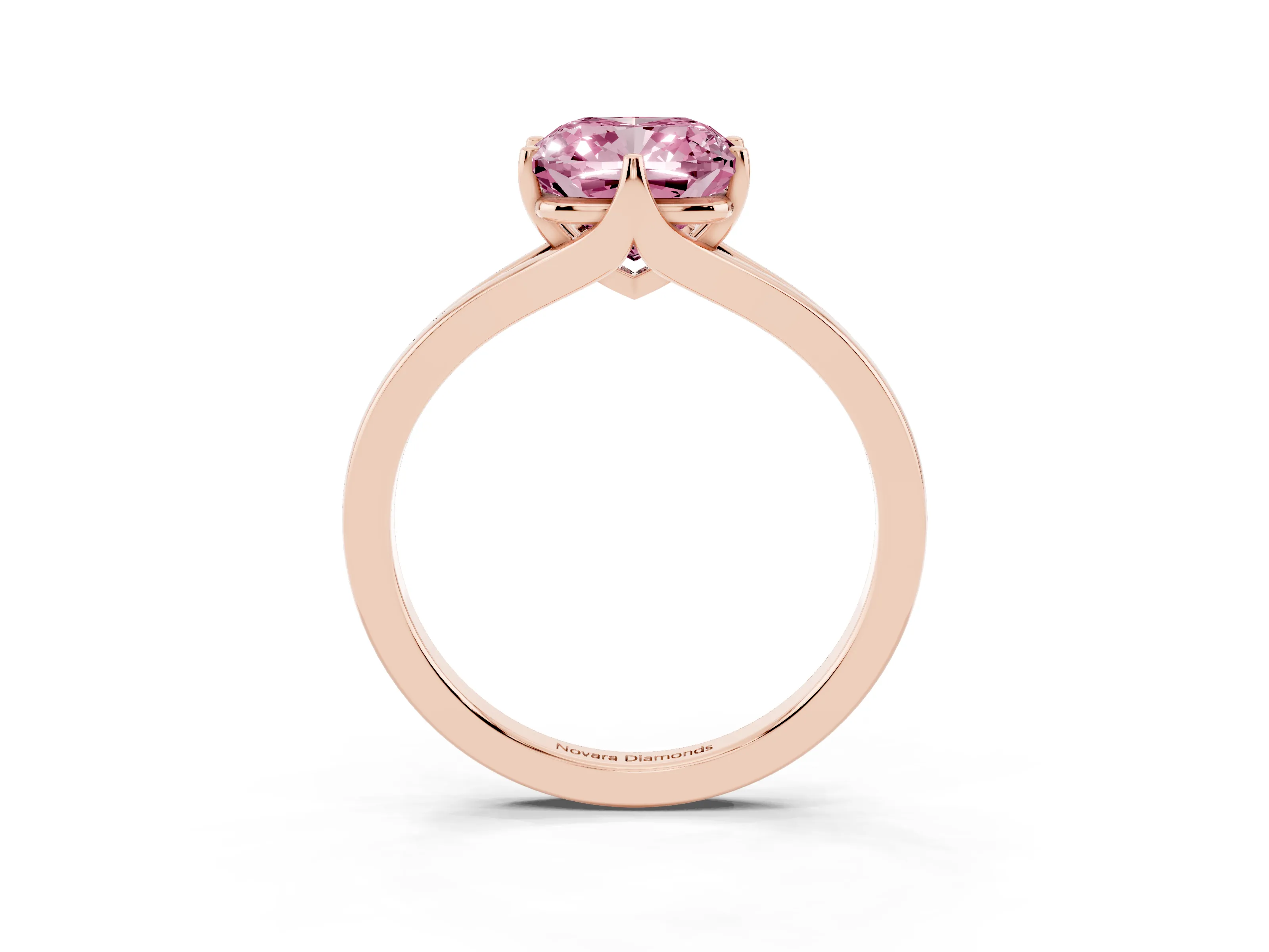 Fancy Pink Cushion Cut Diamond Solitaire Ring Set in Rose gold with Polished Tapered Band and Prong Setting