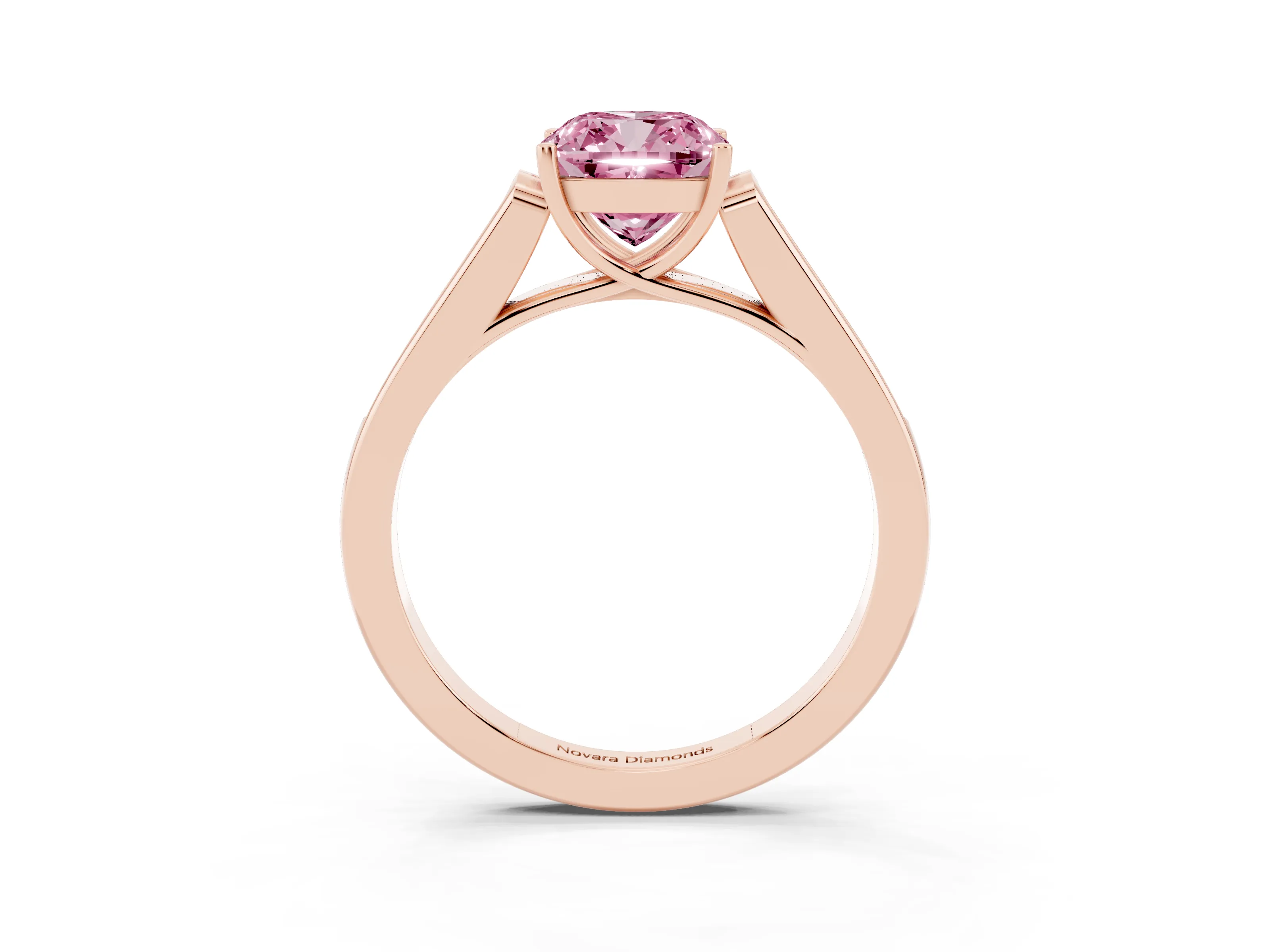 Fancy Pink Cushion Cut Diamond Solitaire Cathedral Engagement Ring Set in Rose gold with Channel-Set Band and Prong Setting