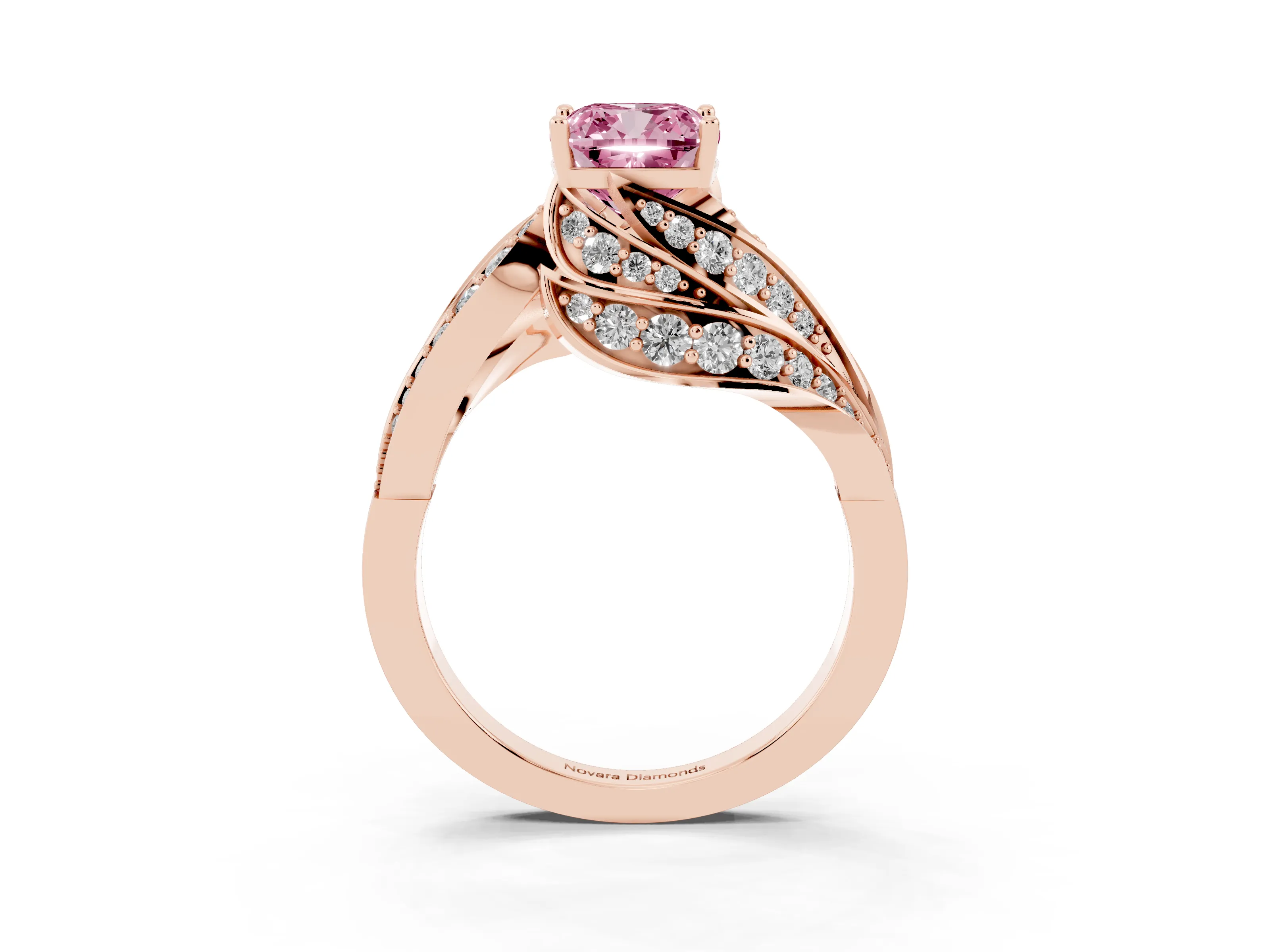Fancy Pink Cushion Cut Diamond Solitaire Ring Set in Rose gold with Layered Twist Pavé Band