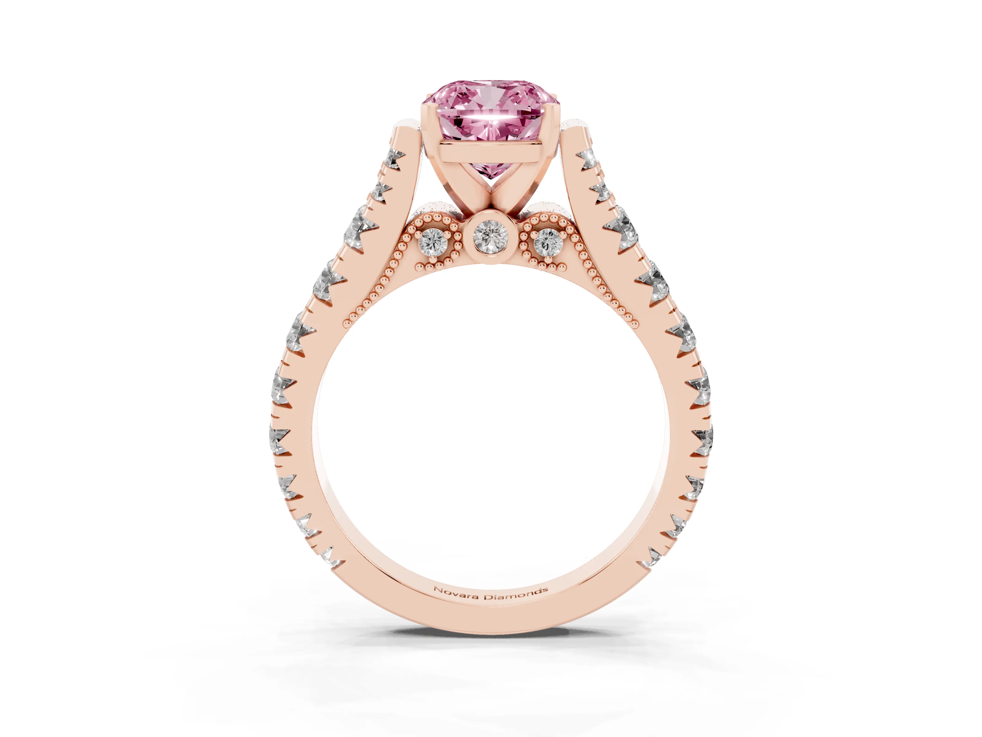 Fancy Pink Cushion Cut Diamond Classic Solitaire Ring Set in Rose gold with Pavé Band and Prong Setting