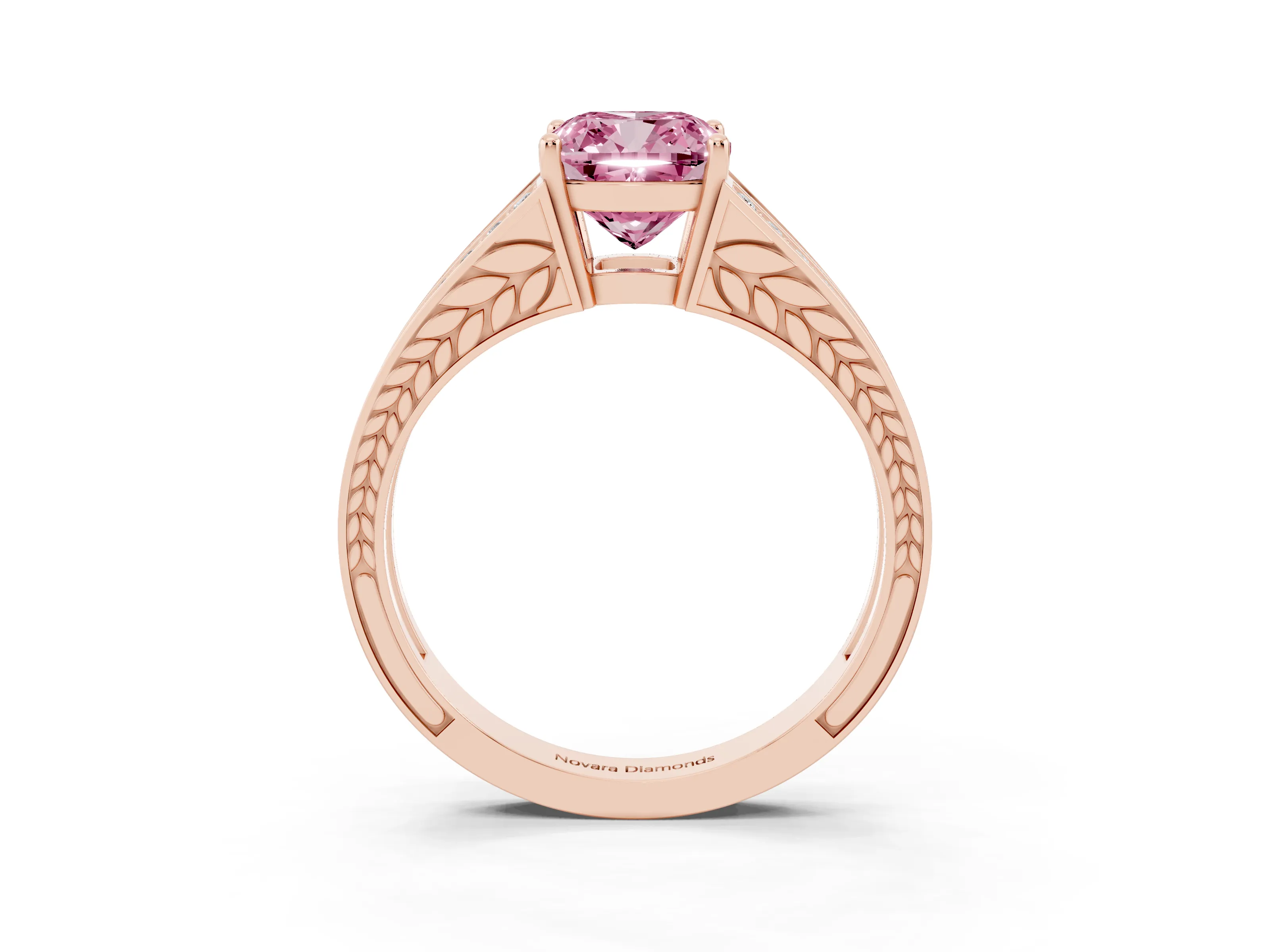 Fancy Pink Cushion Cut Diamond Split Shank Ring Set in Rose gold with Pavé Band and Prong Setting