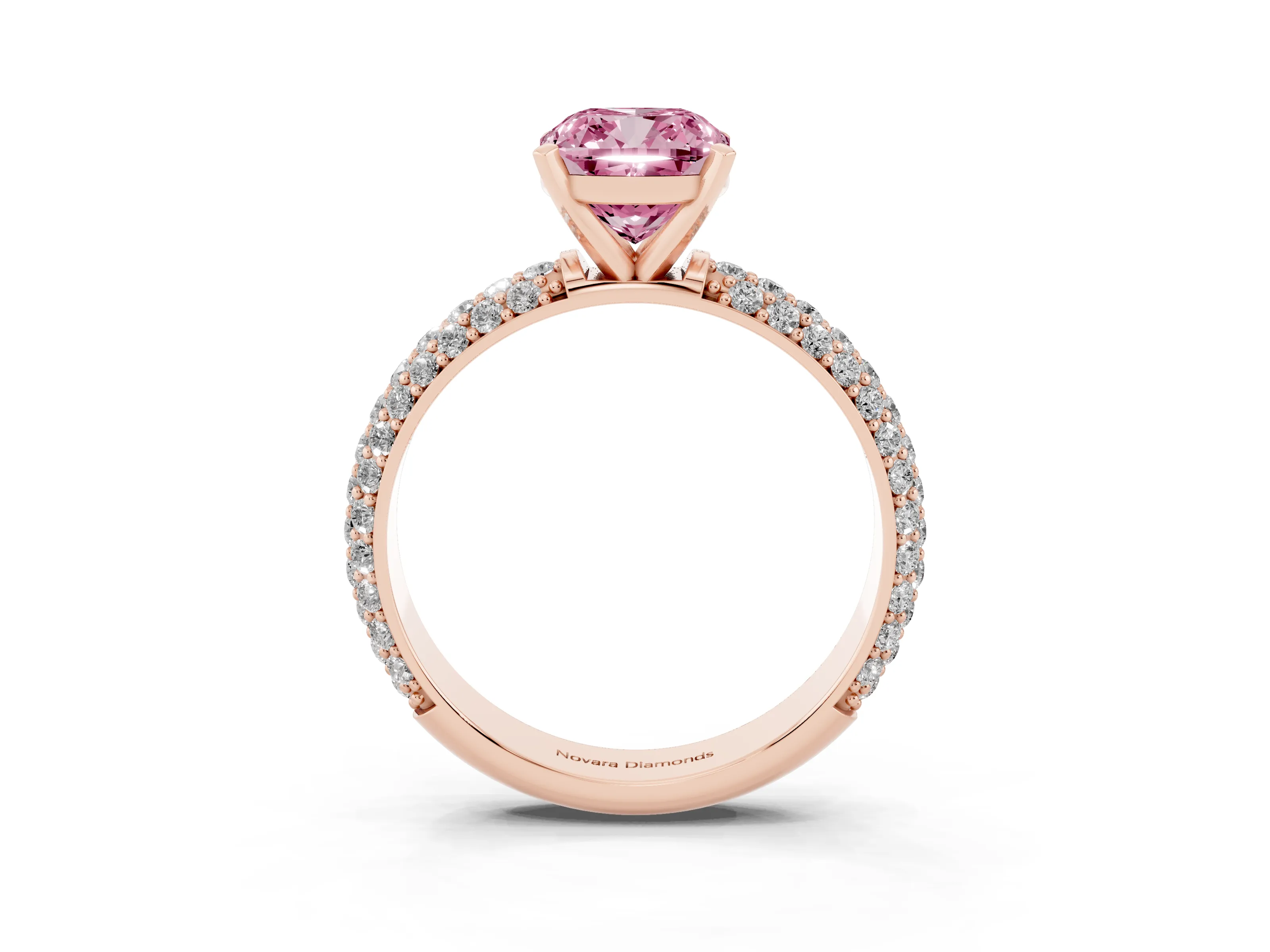 Fancy Pink Cushion Cut Diamond Solitaire Ring Set in Rose gold with Prong Setting and Pavé-Set Band