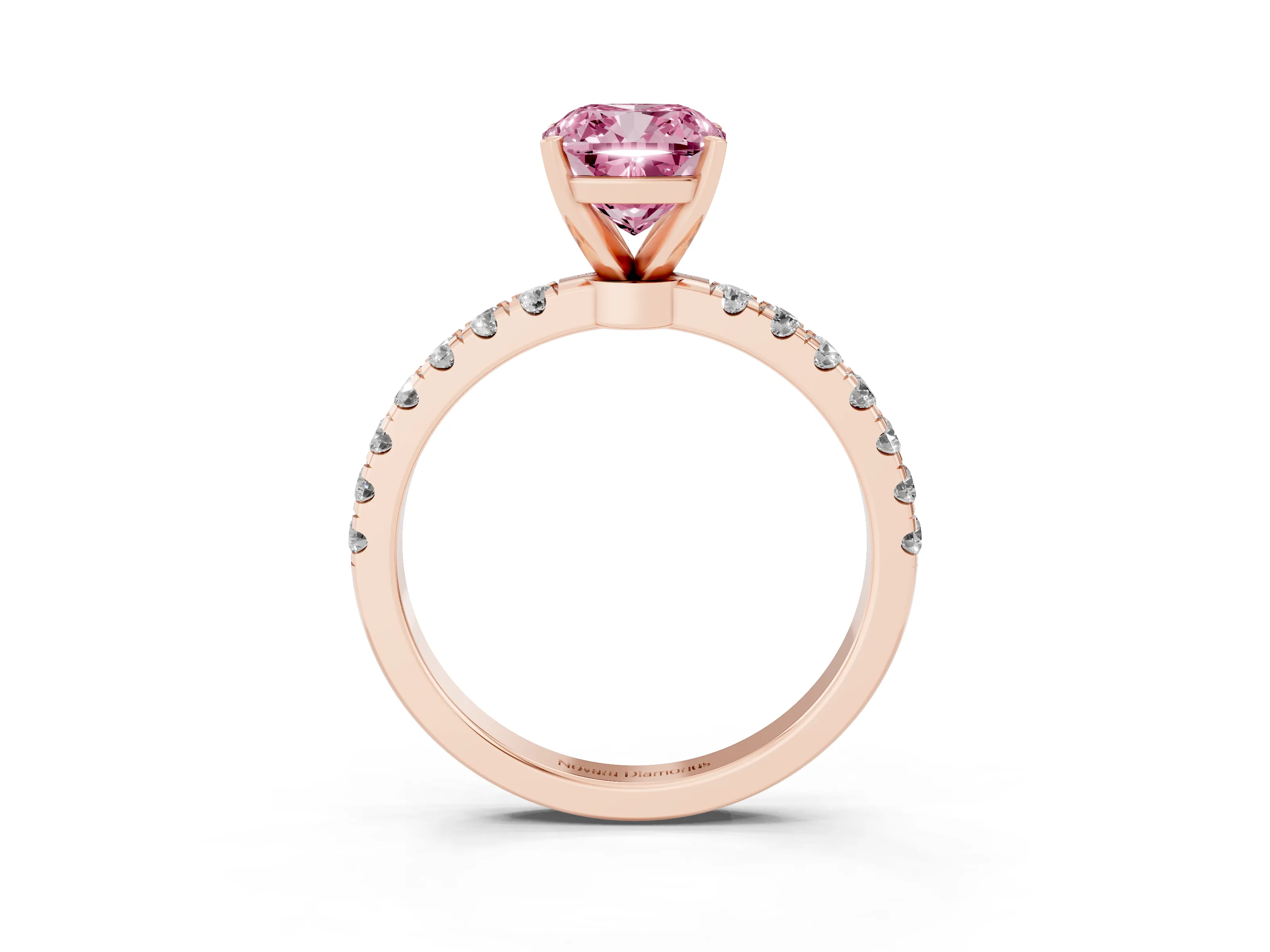 Fancy Pink Cushion Cut Diamond Solitaire Ring Set in Rose gold with Pavé Accents and Prong Setting
