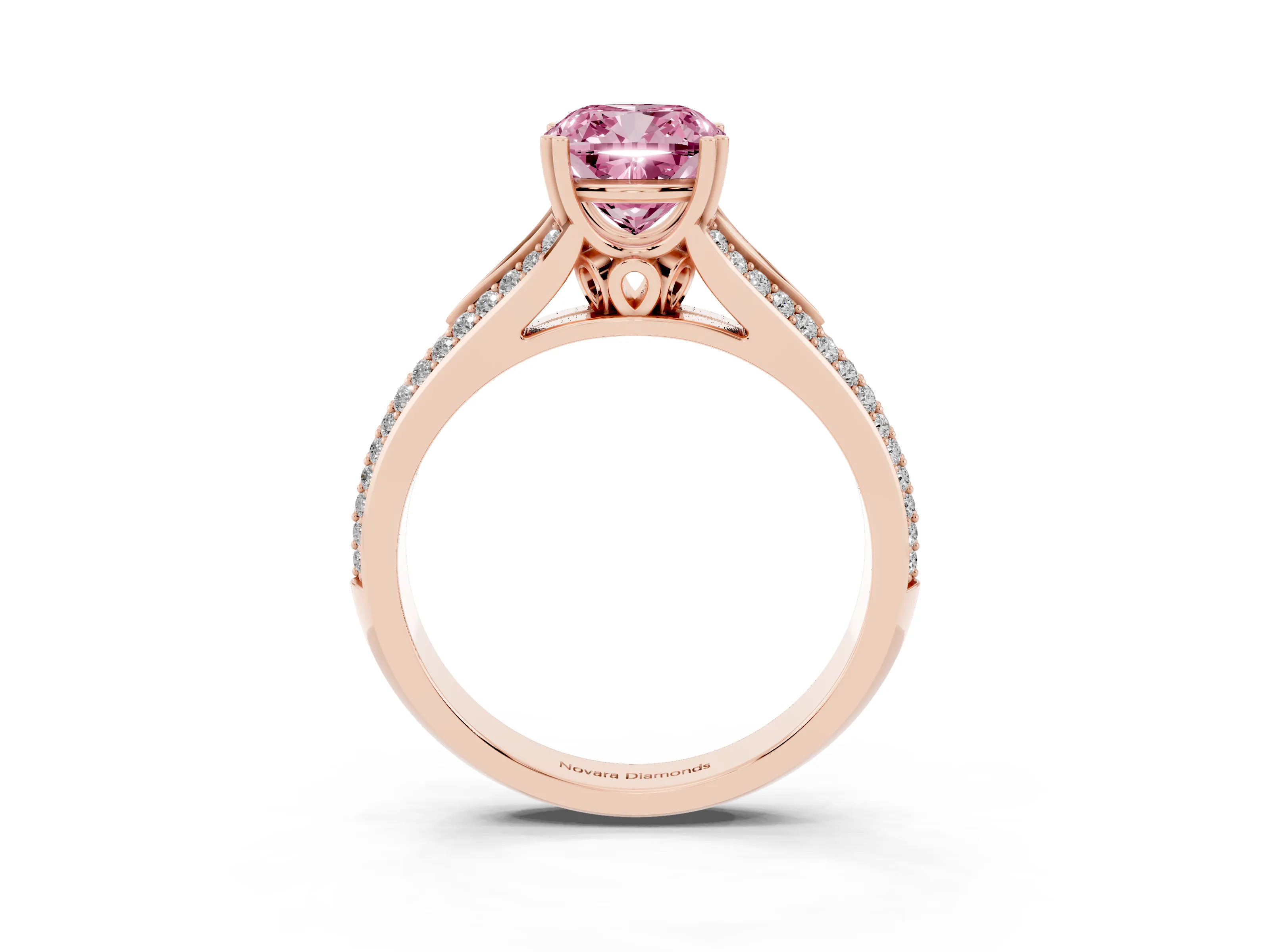Fancy Pink Cushion Cut Diamond Split Shank Pavé Engagement Ring Set in Rose gold with Prong-Set Center Stone